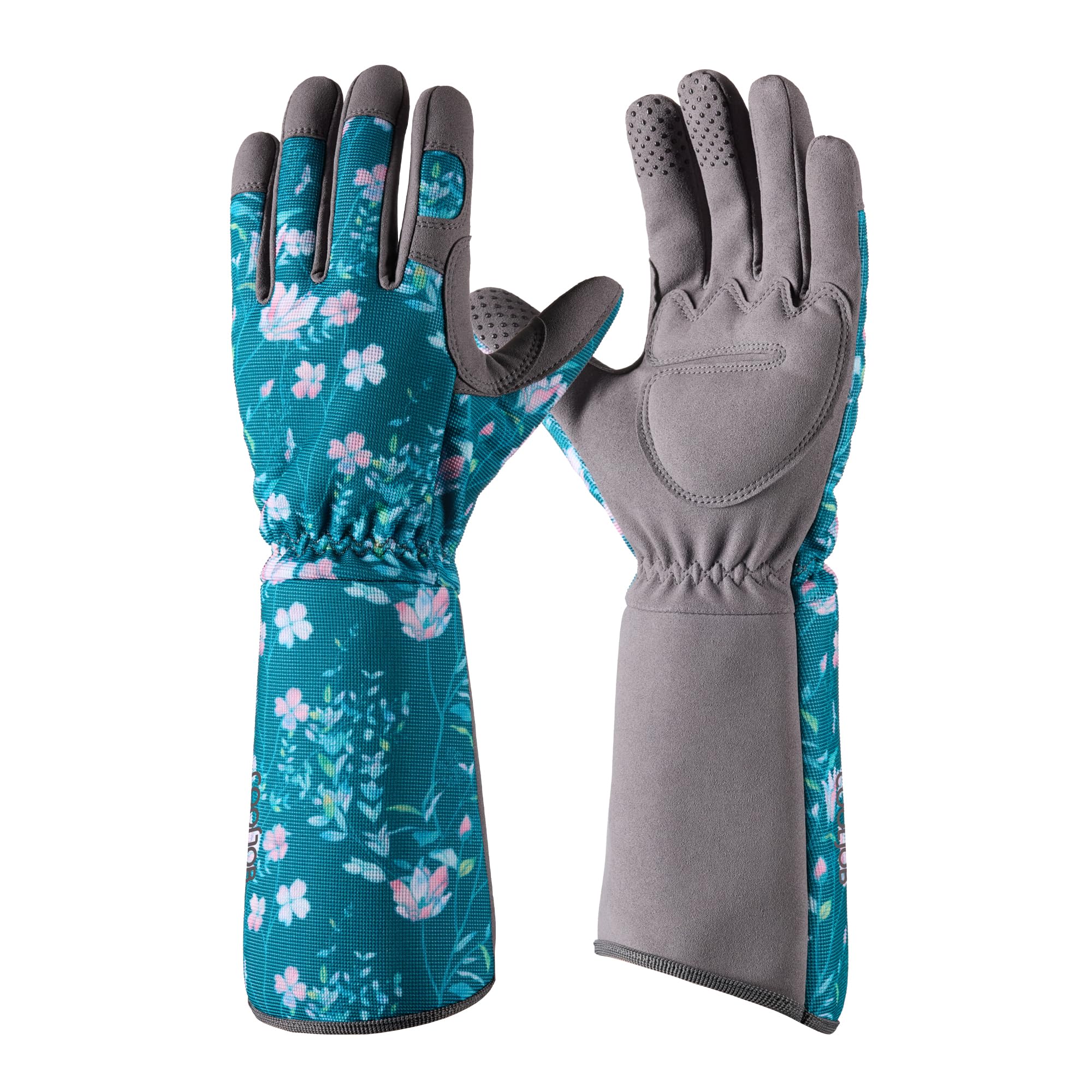 COOLJOB Rose Pruning Thorn Proof Gardening Gloves for Women,Heavy Duty Yard Gloves for Cactus and Ivy,Forearm Protection,Large Size,Green Floral (1 Pair Large)