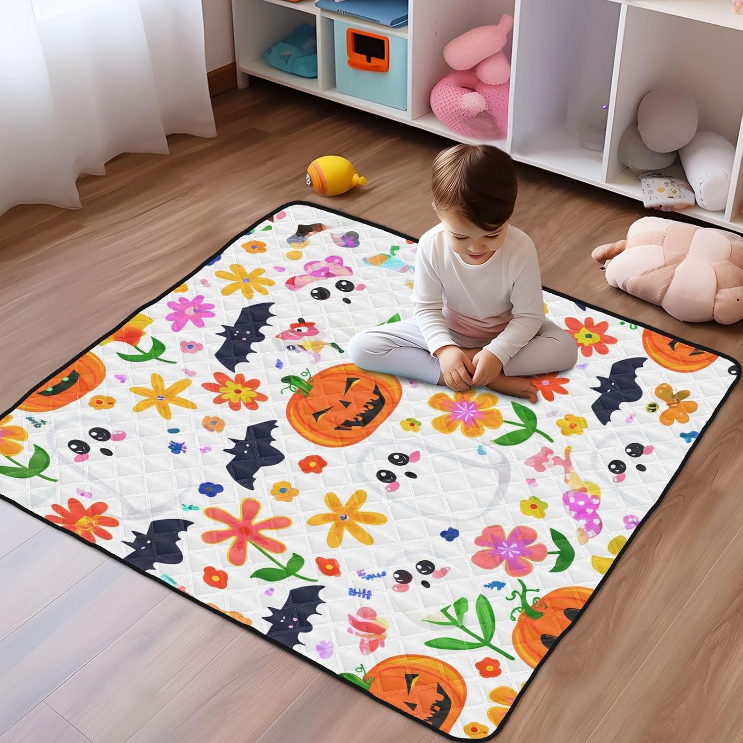 Halloween Pumpkins & Bats Baby Play Mat, 50“ X 50” Washable Folding Crawling Mat, Baby Floor Mat, Soft, Non-Slip