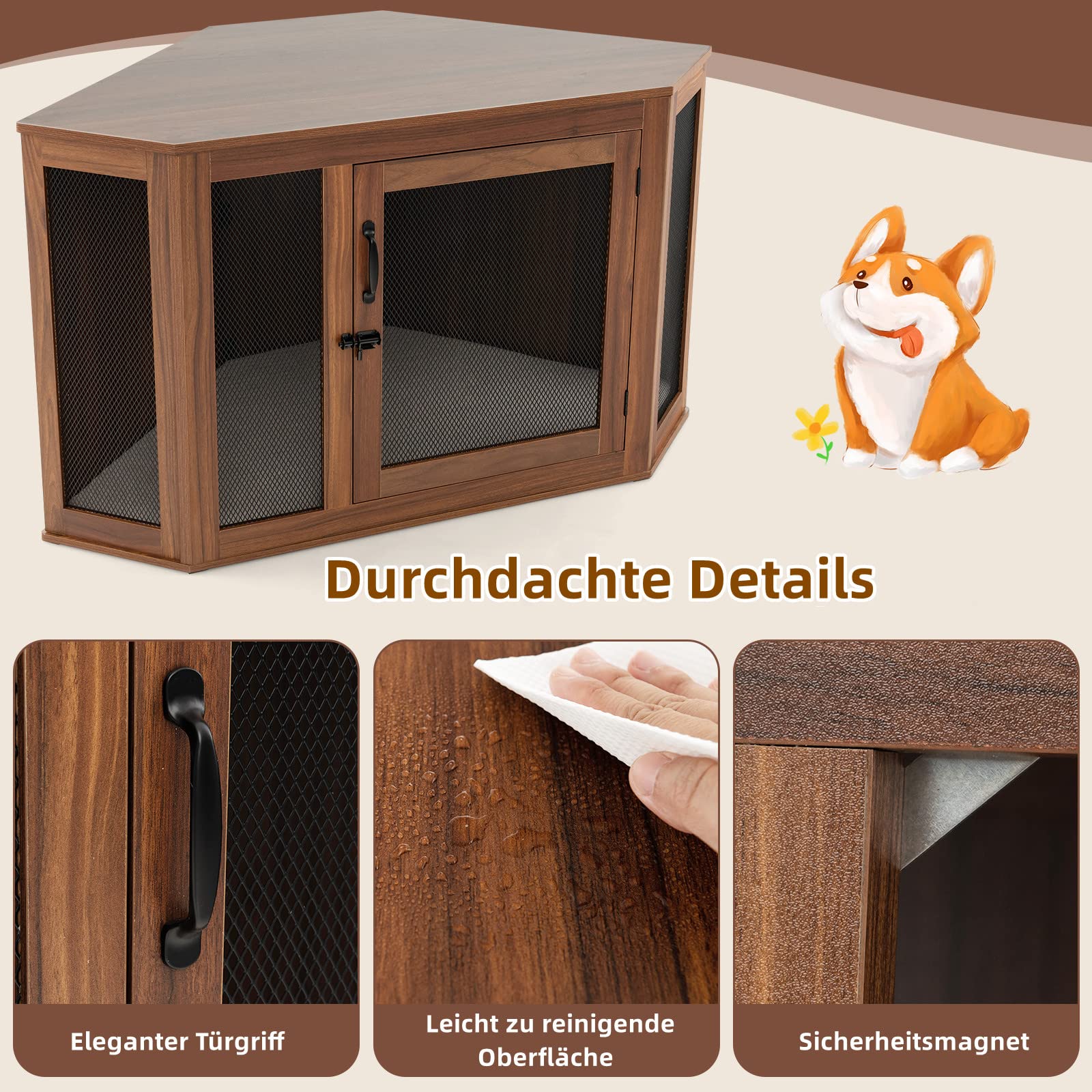 GYMAX Eck-Hundebox mit Kissen Hundehütte Haustierbox Holz mit Abschließbarer Tür Hundekäfig Haustierkäfig 114 x 60 x 68 cm Tierkäfig für zuhause Hundehaus Haustierhaus Braun