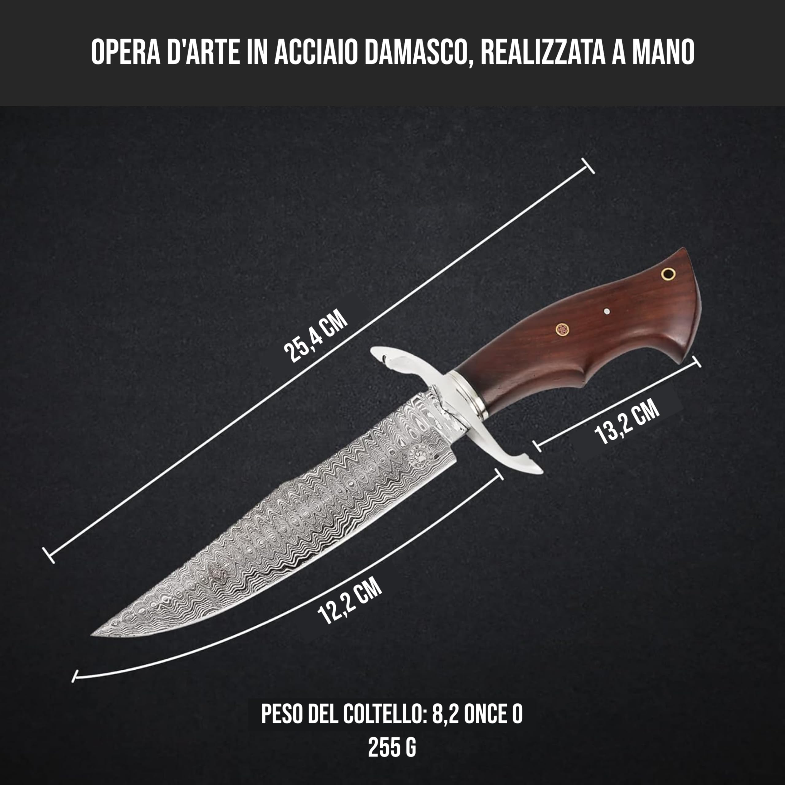 BIGCAT ROAR Cowboy - Coltello da Caccia Grande in Acciaio Damasco Artigianale 30 5 cm - Manico in Legno di Noce e Fodero in Cuoio - EDC Bushcraft Campeggio Sopravvivenza - Regalo Uomo Cacciatore