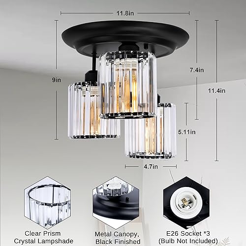 Miniatura 6 de Lámpara de techo semiempotrada de 3 luces, lámpara industrial de cristal negro de 11.8 pulgadas para entrada, lámparas de techo con pantalla de
