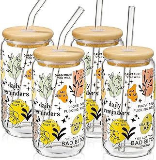 DWTS DANWEITESI Glass Cups with Lids and Straws with Design 4 pcs（Daily Reminder）,Clear Glass Cups 16 oz-Glass Tumbler,Cute Design Glass Iced Coffee Cups Mental Health Positive