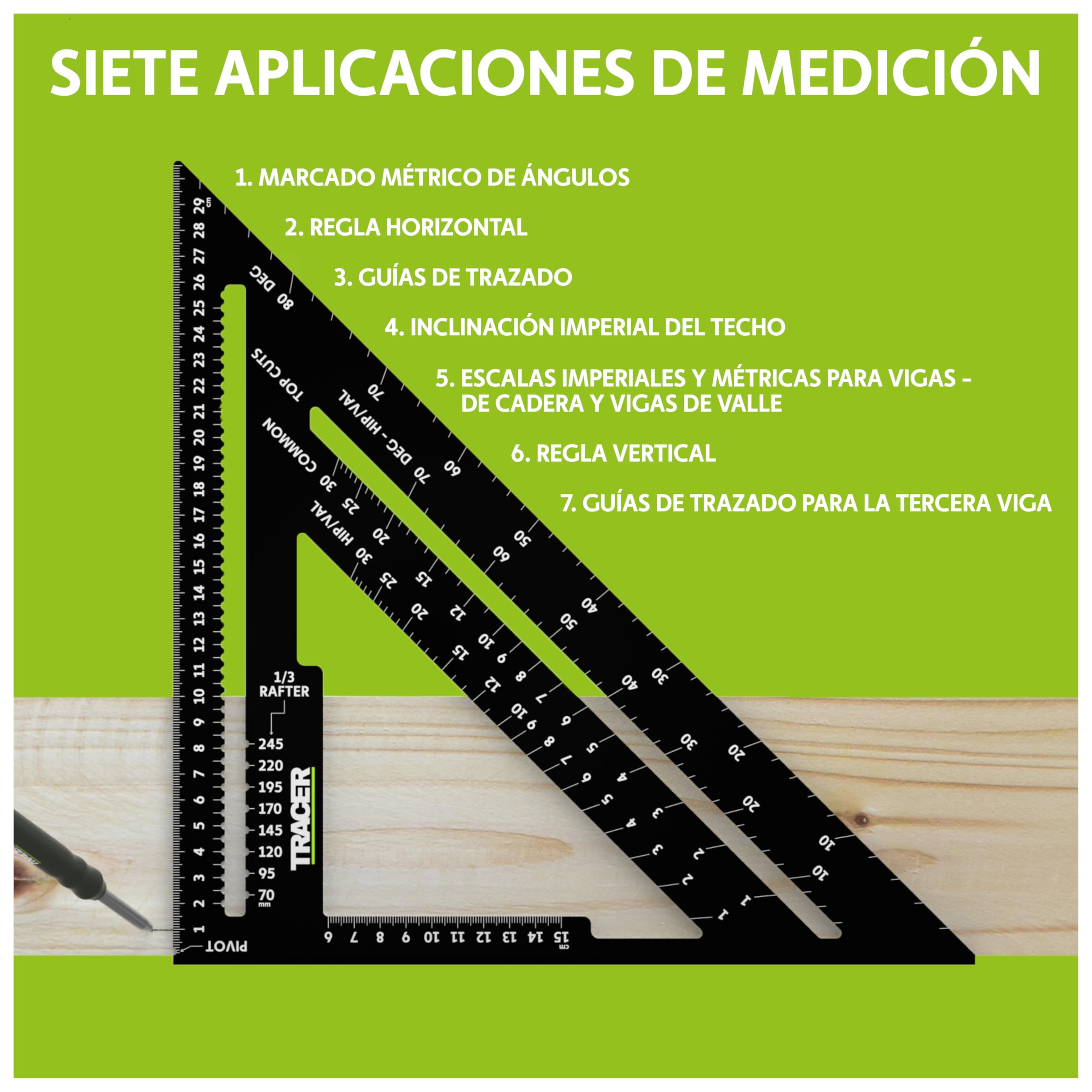 TRACER Speed Square 300 mm (12 pulgadas). Cuadrado de balsas con escalas métricas y de cadera y valle. Herramienta de marcado para techos y carpintería