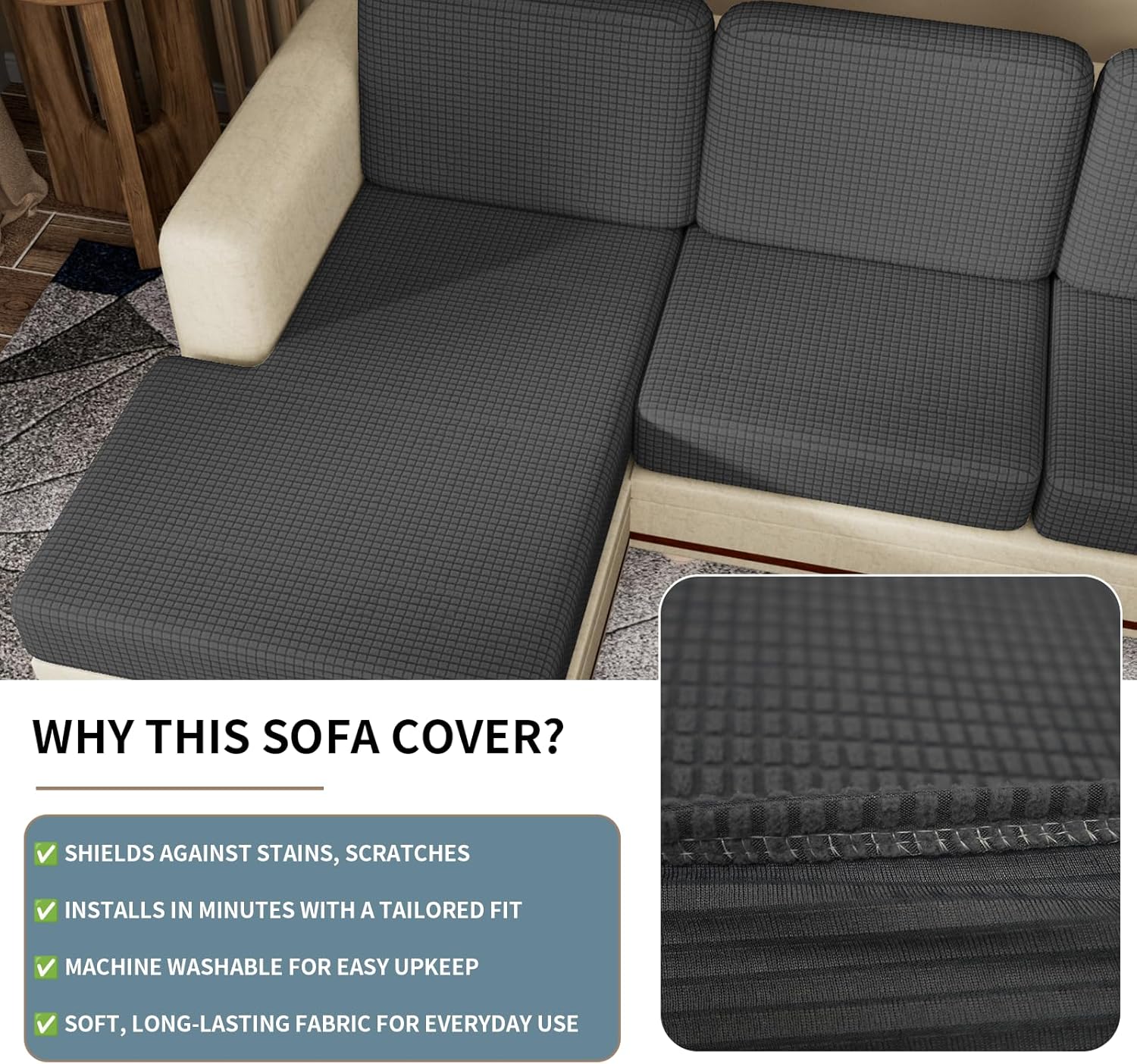 Couch Covers for Sectional Sofa L Shaped with Chaise 3 Cushion Couch Cover-Sectional Sofa Cover,Washable Seat Cushion Slipcovers,Elastic Furniture Protector for Pets, Kid,Living Room