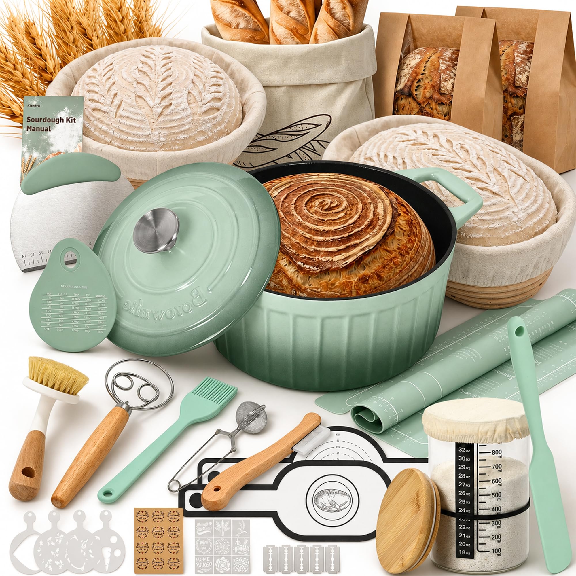 Juego de masa fermentada: horno holandés, cesta de fermentación, vaso de iniciación, cortador de pan, alfombrilla para hornear, raspador de masa, set de regalo completo para panaderos