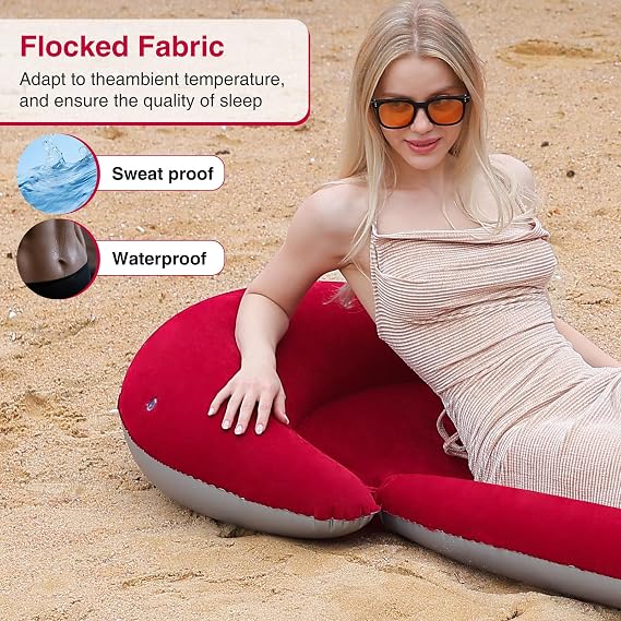 ROUSKY Inflatable Beach Mat with Pillow, Portable Flocked Beach Lounger with Raised Edges, Sand-Free Sunbathing Mat for Beach, Poolside, Camping, Picnic and Outdoor Relaxation, 70 x 29 Inch(Red)
