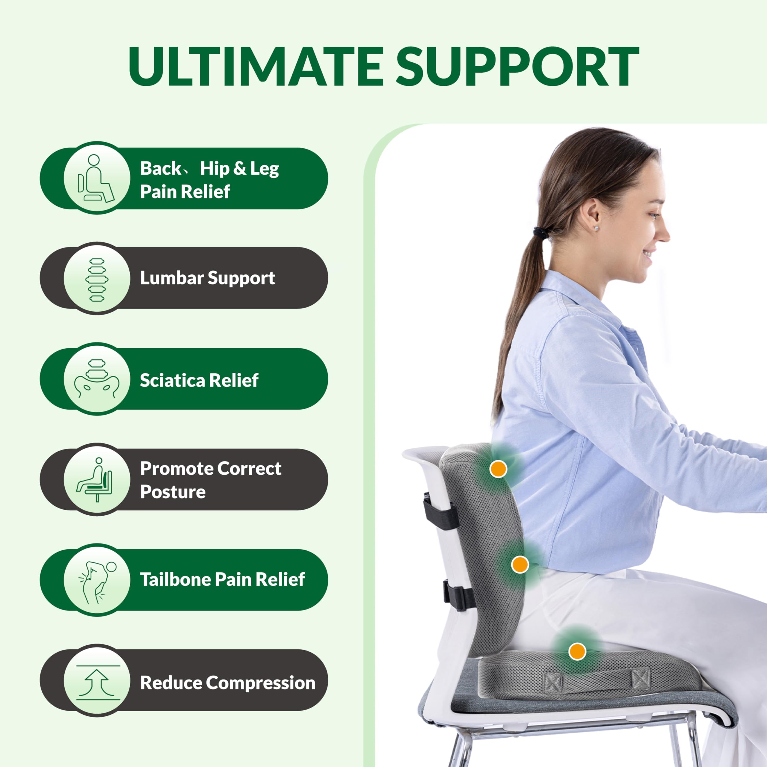 FuturaLoom Seat Cushion Adjustable Lumbar Support Pillow Set Charcoal Memory Foam Back Tailbone Pain Relief Non-Slip Washable Cover — view 5