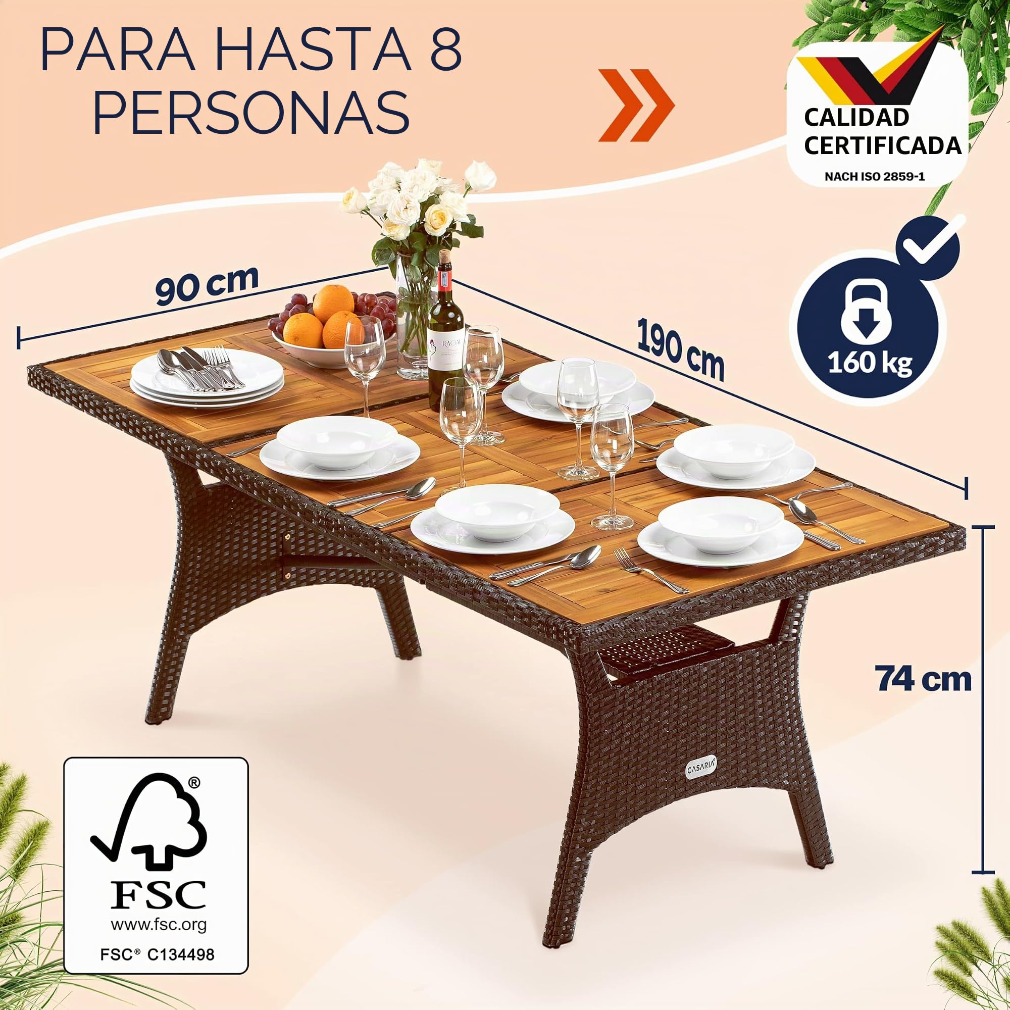 CASARIA® Mesa de Jardín Comedor 190x90cm Madera de Acacia Certificado FSC® Mueble Terraza Patio Marrón