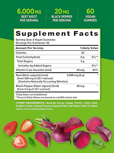 Miniatura 2 de Gomitas de raíz de remolacha  60 unidades  Veganas, sin OMG y sin gluten  Suplemento súper alimenticio  con pimienta negra  Sabor natural de fresa