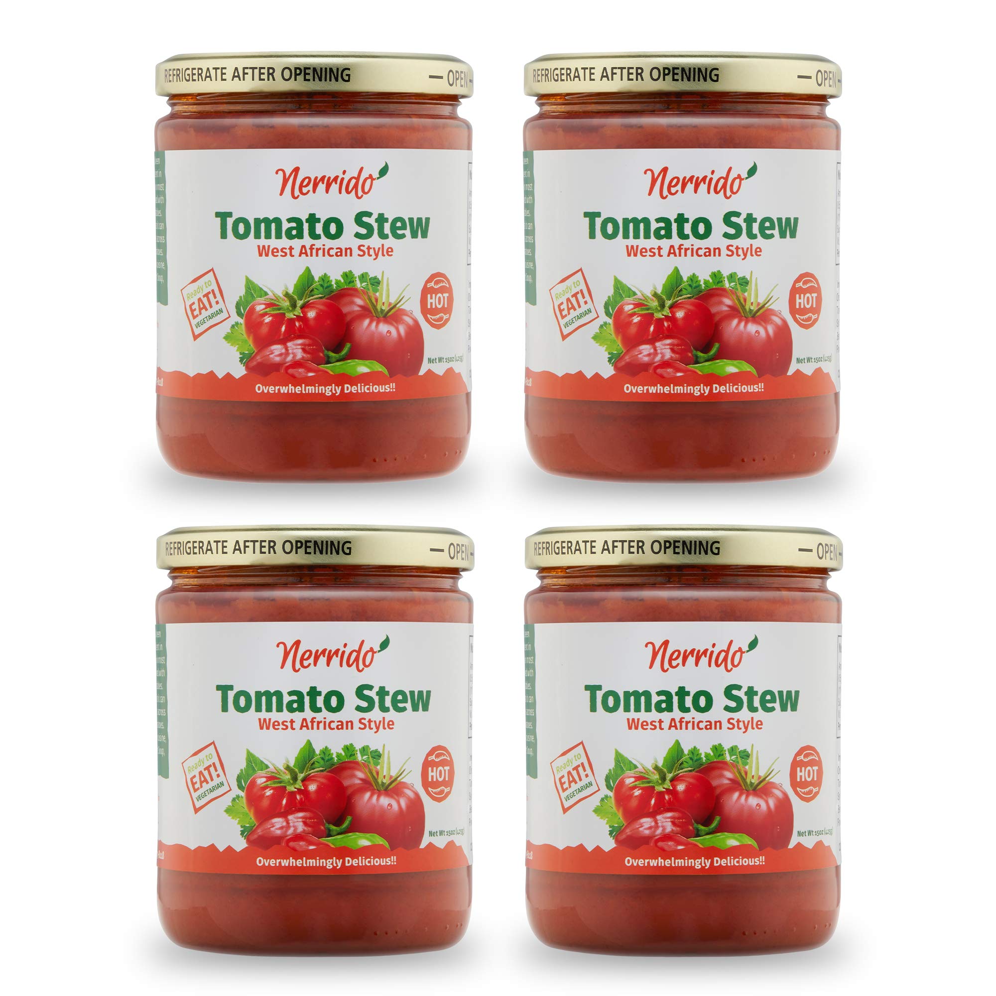 Nerrido Canned Tomato Stew & Jollof Rice Red Sauce, African Style Hot Pasta Sauce with Vegetables and Spices 16oz (454g) (Hot, 4 Pack)