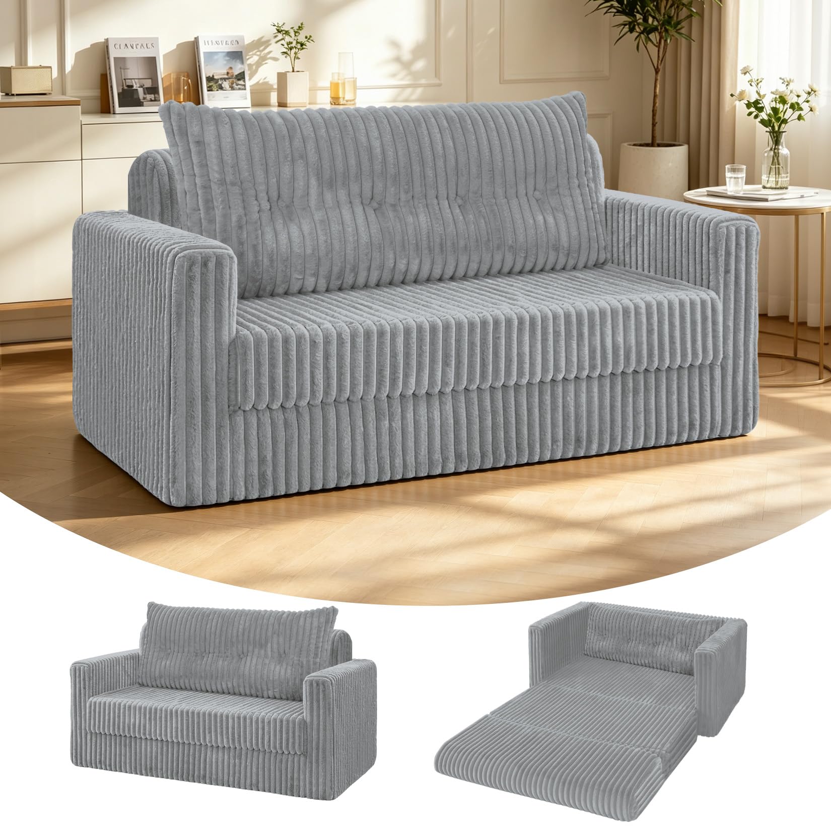HABUTWAY 49.8" Loveseat Boneless Couch, 4-in-1 Convertible Sofa Bed, Plush Fur Folding Futon Sofa Bed Couches with a Pillow for Living Room, High-Density Foam Support, No Assembly Required, Light Grey