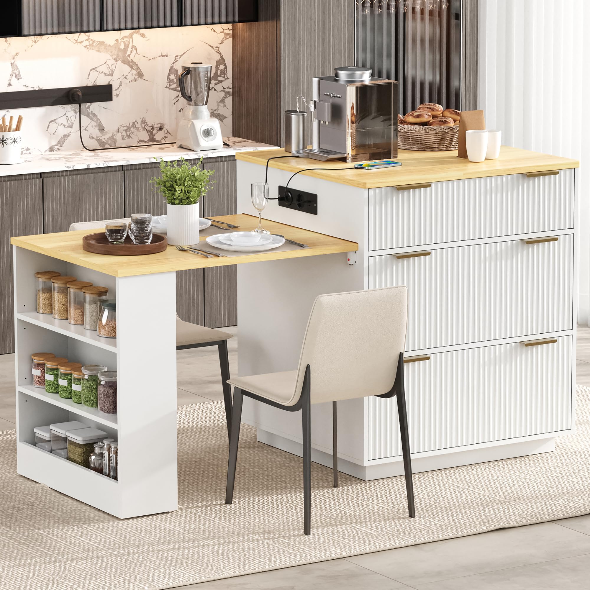 Isla de cocina con ruedas, mesa de comedor extensible, estantes ajustables, mesa de cocina con cajones, sirve como cocina y comedor (blanco)