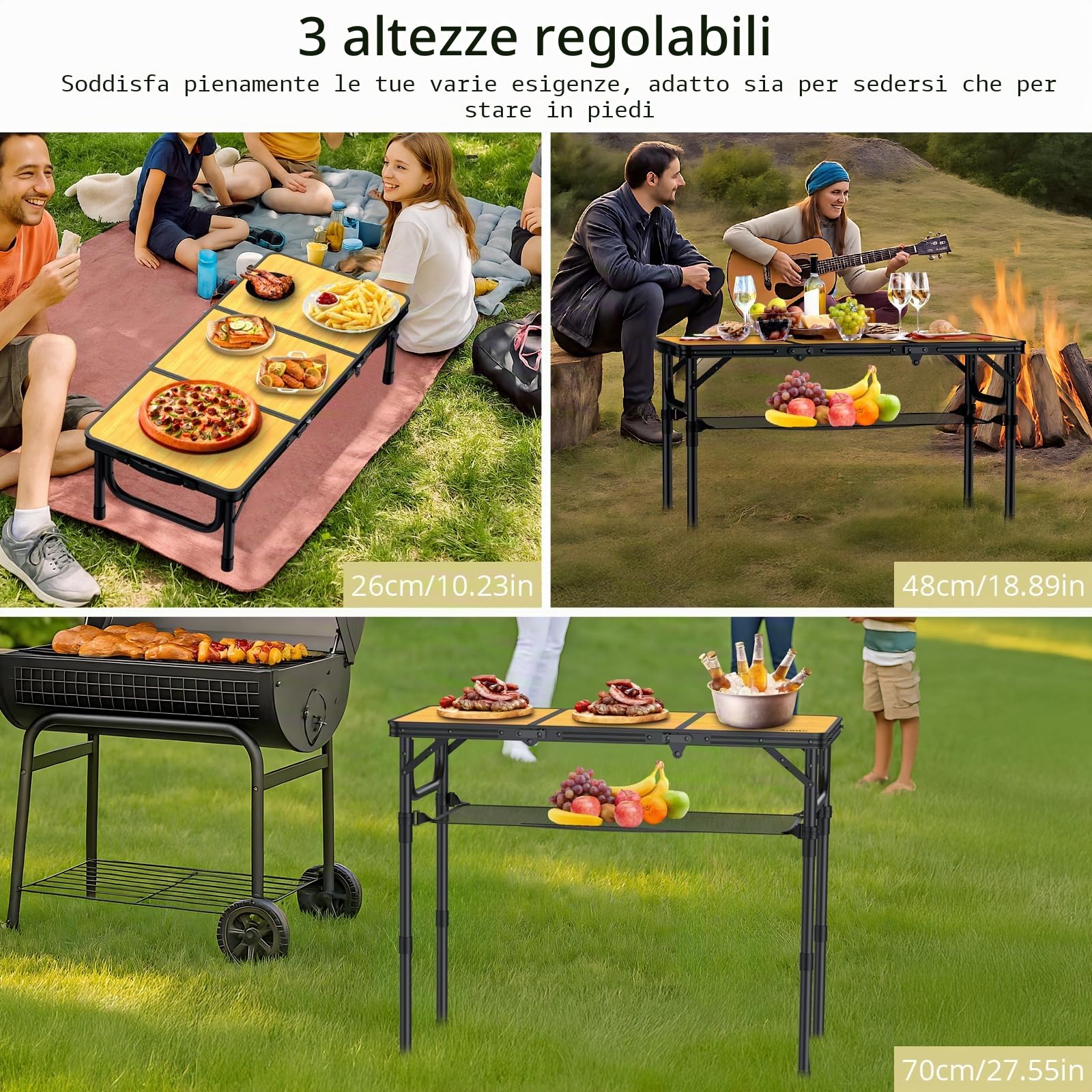 Anbte Tavolo Pieghevole da Campeggio Giardino,3 Regolabile In Altezza Portatile Tavolino da Caffè-87 * 40cm Effetto Legno Tavoli per Picnic/Spiaggia/Camera/Lavoro/Truccarsi