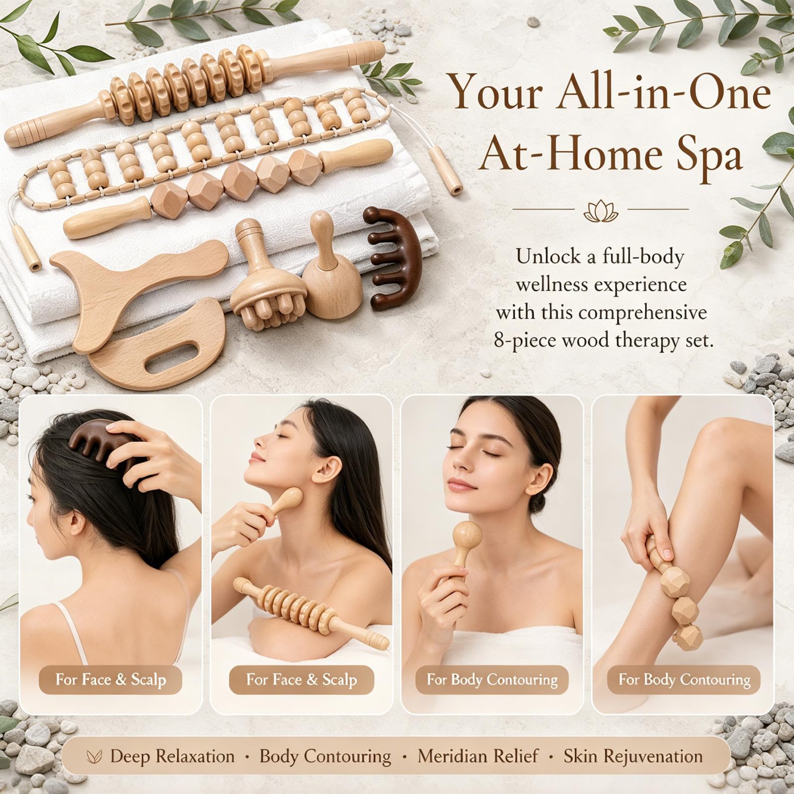 Set di massaggio in legno 8 in 1, massaggiatore anticellulite, asta per il drenaggio linfatico, rullo massaggiante per gambe, schiena, collo, strumento di tonificazione del corpo, regalo benessere