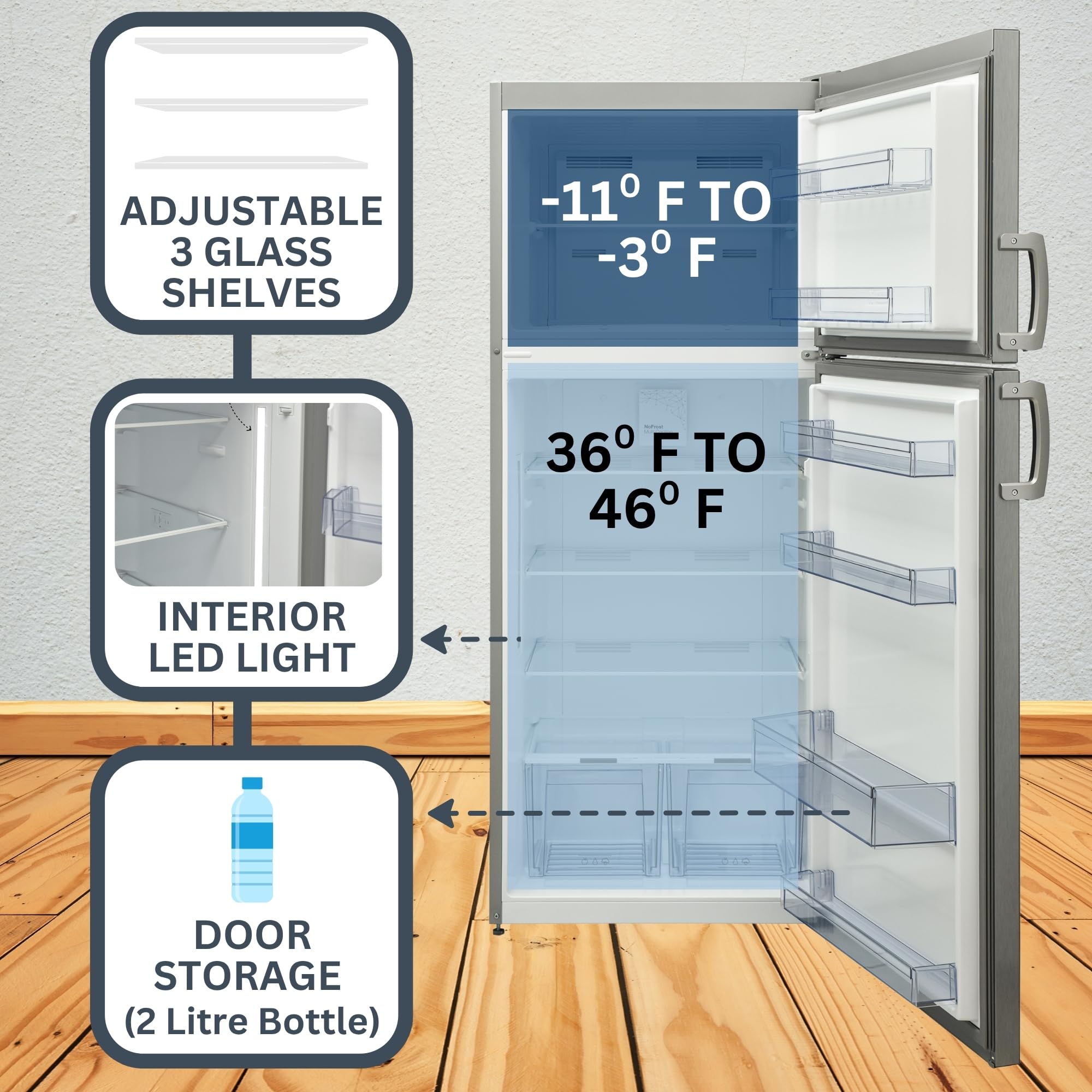 Equator 14.3 cu.ft Top Mount Refrigerator Freezer – Made in Europe, Energy Star, Frost Free, Stainless Steel, Adjustable Glass Shelves, LED Light, Reversible Door, Family & Apartment Kitchen Fridge