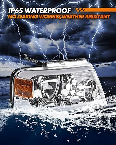 Miniatura 6 de SEALIGHT Conjunto de faros delanteros para F150 2004-2008 con LED DRL, carcasa cromada, reflector ámbar, lado del conductor y del pasajero