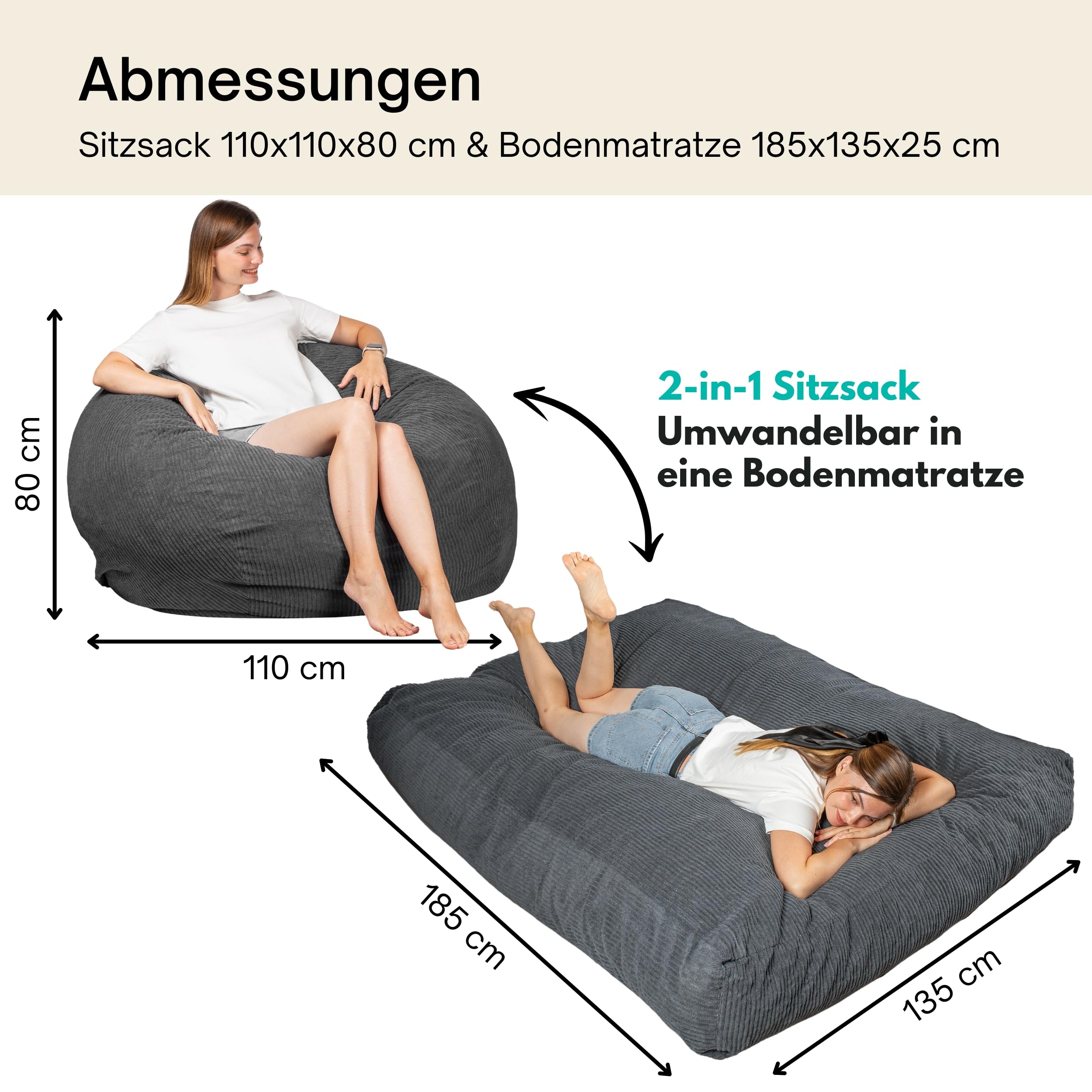 bananair - Sitzsack Bett XXL, Verwandelt Sich Mühelos In Eine Bequeme Und Weiche Bodenmatratze – Cordstoff Und Schaumfüllung – Vielseitiges Bean Bag Bed, Futon, Faltbare Matratze (Dunkelgrau)