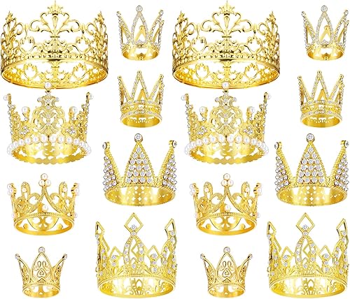 16 piezas de corona dorada para tartas, mini tiara, decoración de pastel de boda, para fiesta de cumpleaños, boda, pasteles, baby shower, decoración