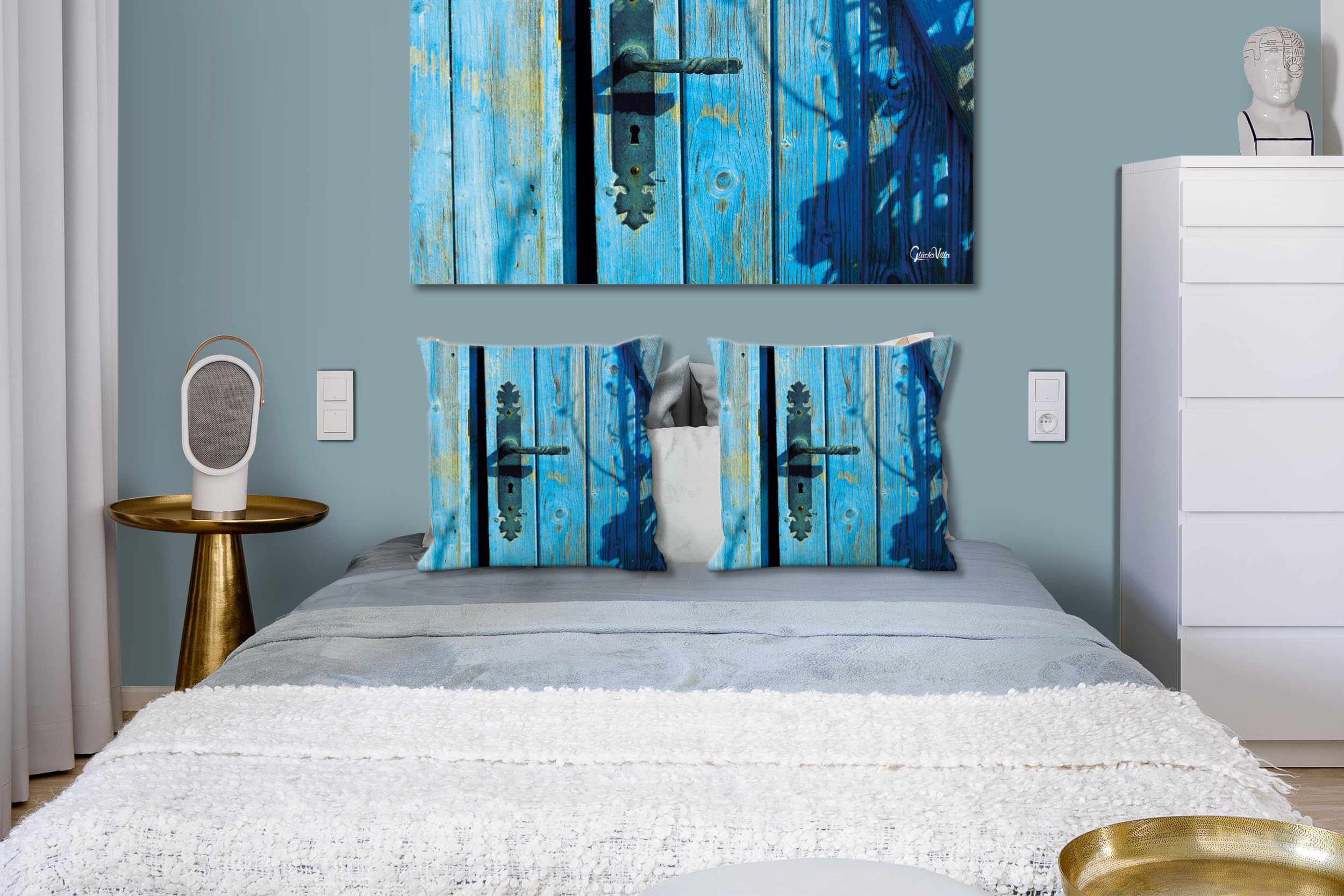 Blaue Tür - Foto-Kissen-Hülle Set (2 STK.) 40 x 40 cm | Kissen-Bezüge - passend zu Wandbild - Deko-Kissen - Fischerhütte Holz Atlantik