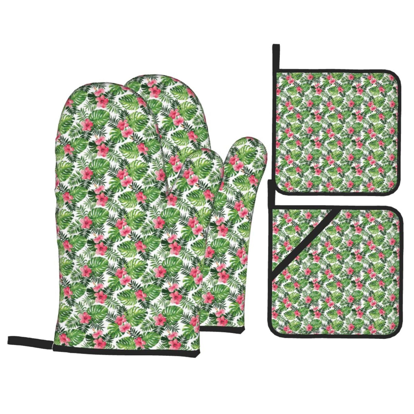 Tropical Leaves Print Stylish Heat-Resistant Oven 4-Piece Set Kitchen Gloves Roasting Daily Cooking