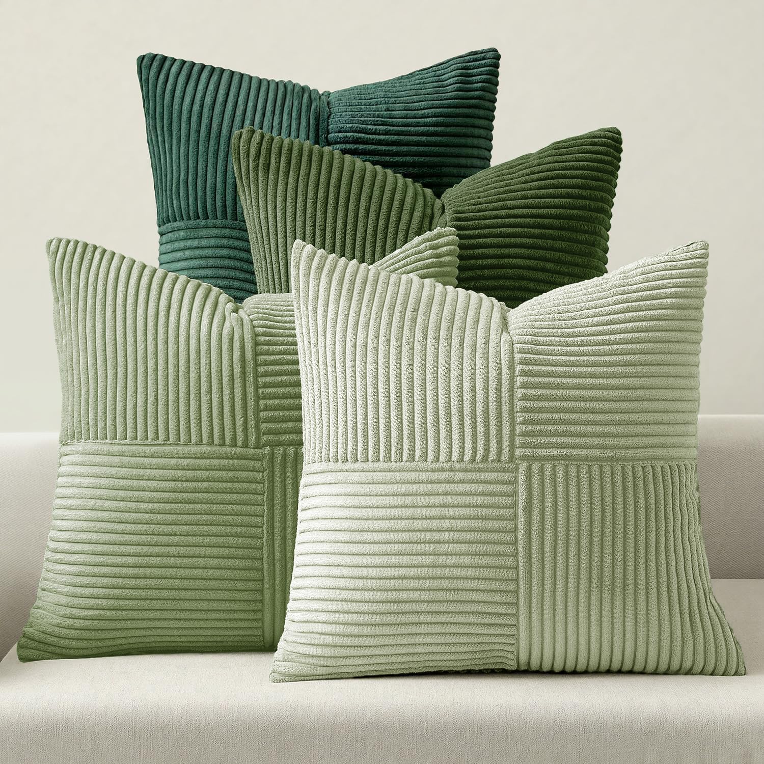 Cogavoo Set of 4 Corduroy Soft Striped Cushion Covers 45x45 cm ,Boho Decorative Square Throw Pillow Covers 18x18 Inch with Invisible Zipper for Sofa Couch Bedroom Decorative Fluffy Large Pillowcases