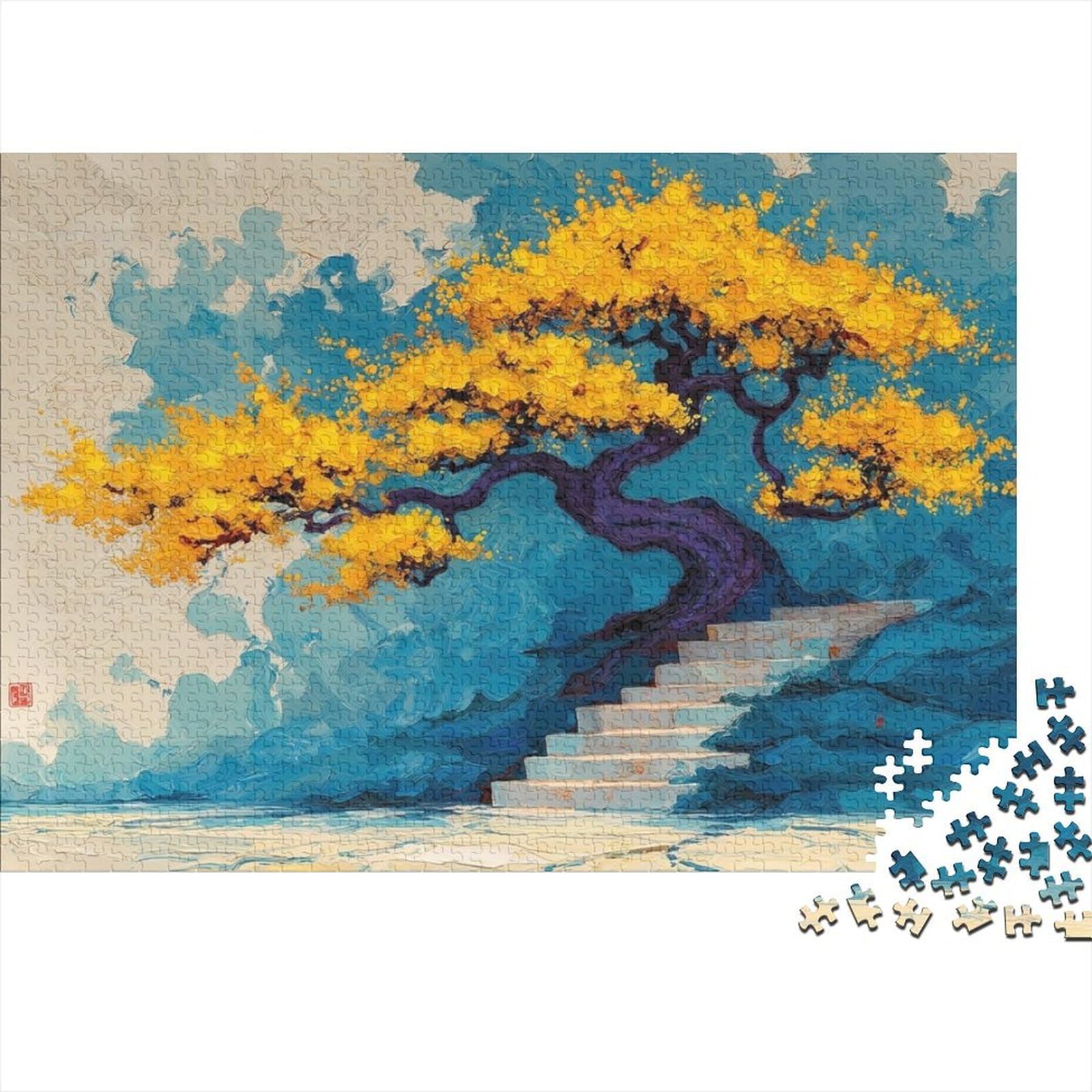 Bonsai Tree Art 1000-Piece Recycled Cardboard Material Jigsaw Puzzle Staircase & Golden Tree for Adults Relaxing Stress Relief for Wall Decoration & Gifts Great Gift Idea for Collectors 38x26cm/1000pc