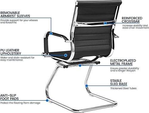 Miniatura 6 de Yaheetech Silla de recepción de oficina de piel sintética sin ruedas, respaldo medio, ergonómicas, sillas de invitados para conferencias, sala de