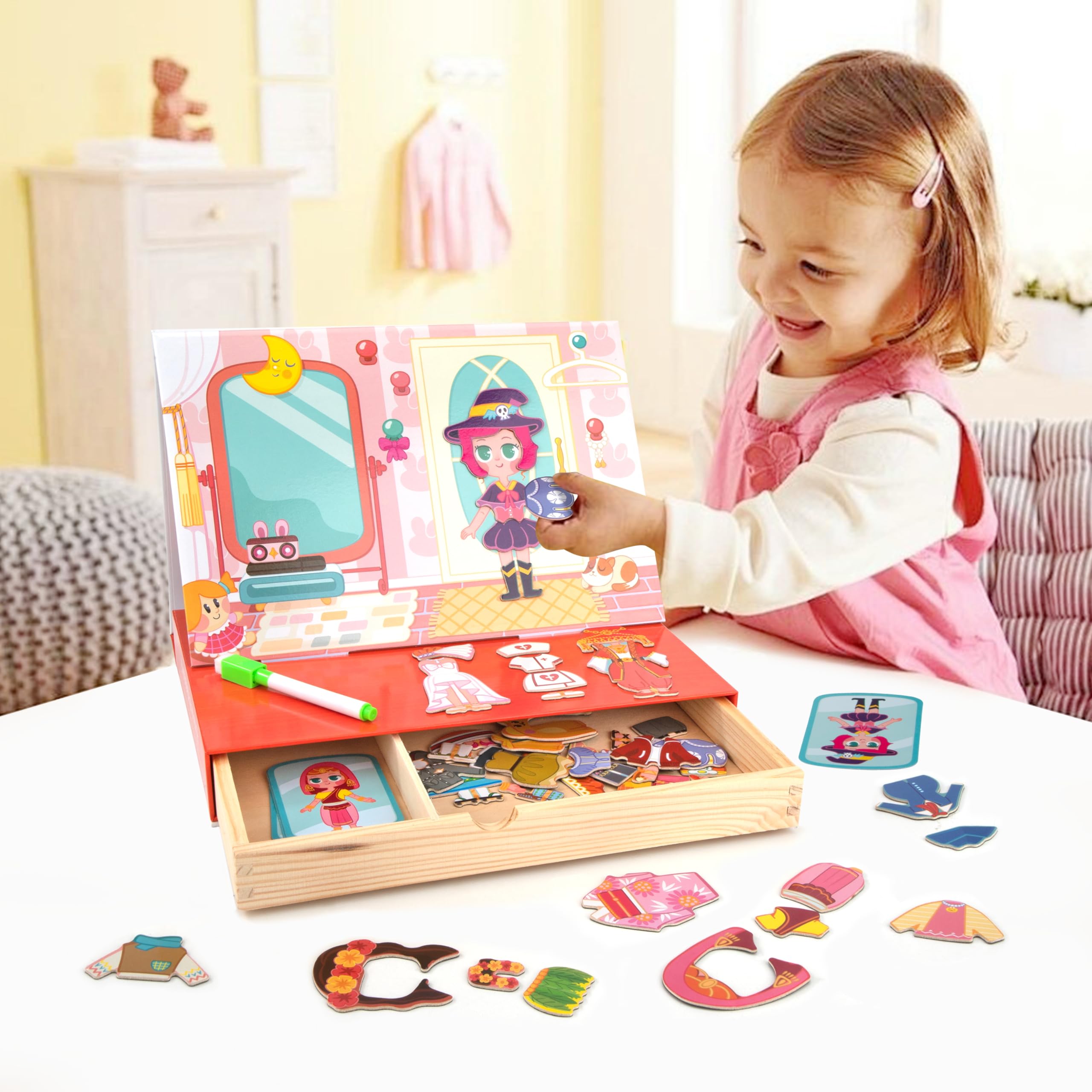Magneticos Dress Up Juegos con Caja Madera para Niños 3+ Años, Puzzle Book Niñas, Juguetes Vestir Educativo Aprendizaje Motricidad Fina e Imaginación