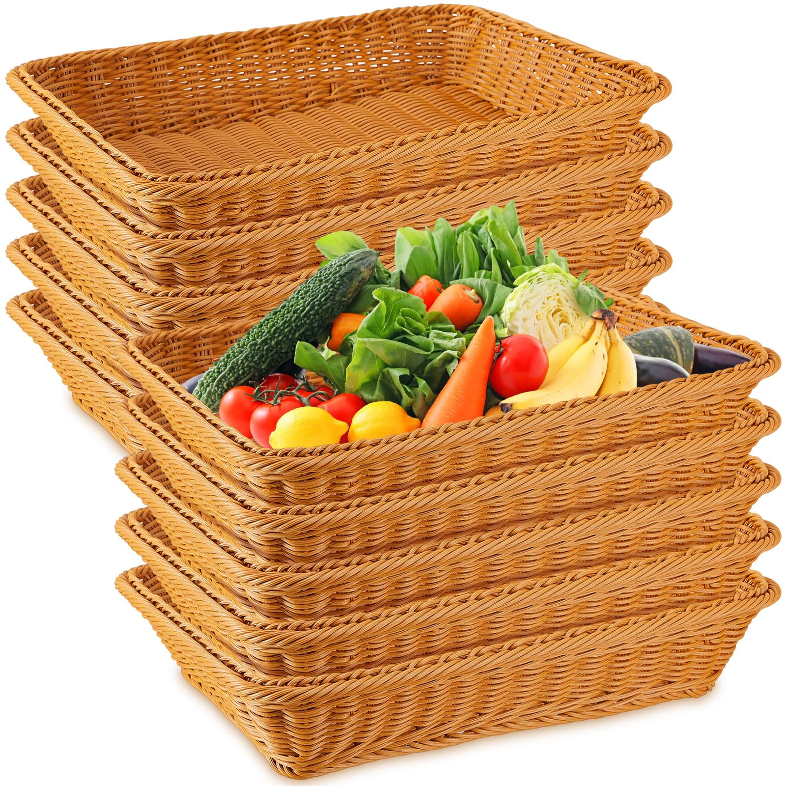Tioncy 10 Pcs Poly Wicker Woven Bread Basket Imitation Rattan Fruit Basket Tray Stackable Rectangular Food Baskets for Serving Display Storage Kitchen Restaurant Home Vegetable (17.72 x 13.78 x 3.15)