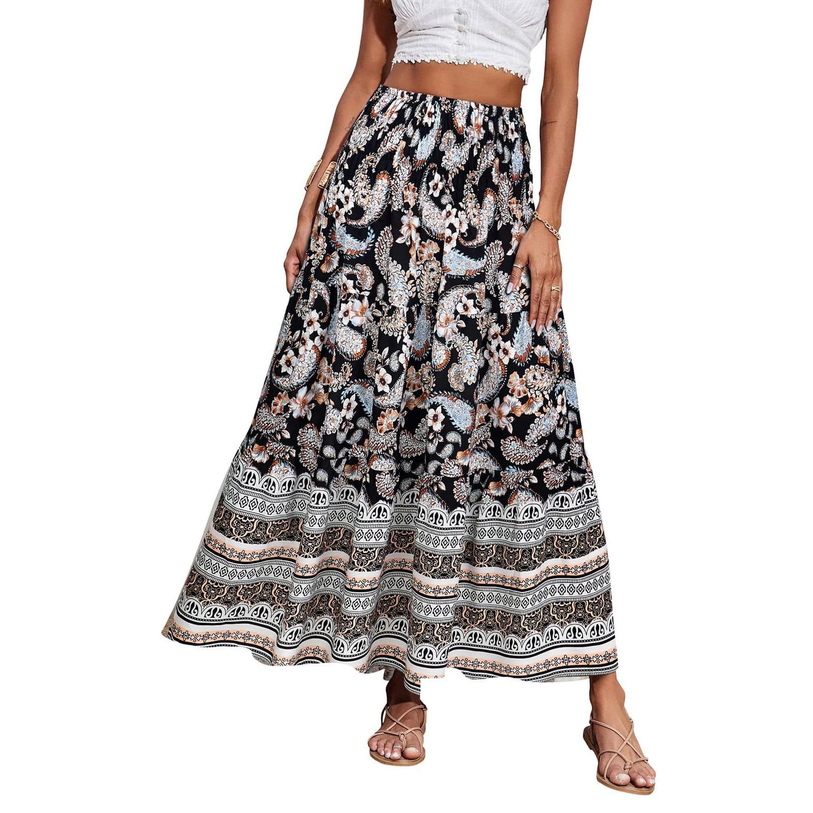 Boho Maxi Skirts for Women 2025 Casual Pleated Long Floral Skirt Smocked High Waisted Hippie Tiered Aline Flowy