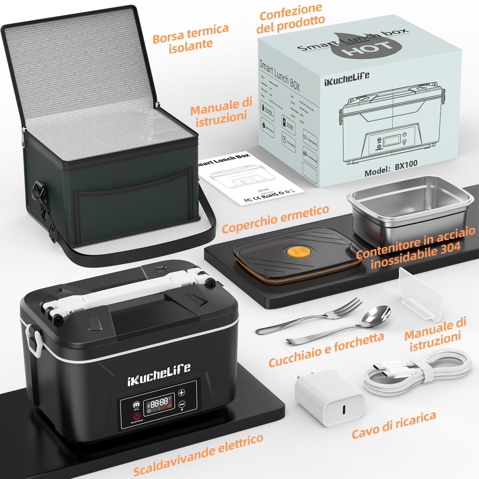 Scaldavivande Elettrico Portatile per Adulti con Batteria, 1200ML Lunch Box elettrico con Posate in acciaio inox e Borsa Termica, a Prova di Perdite per Auto, Camion e Ufficio