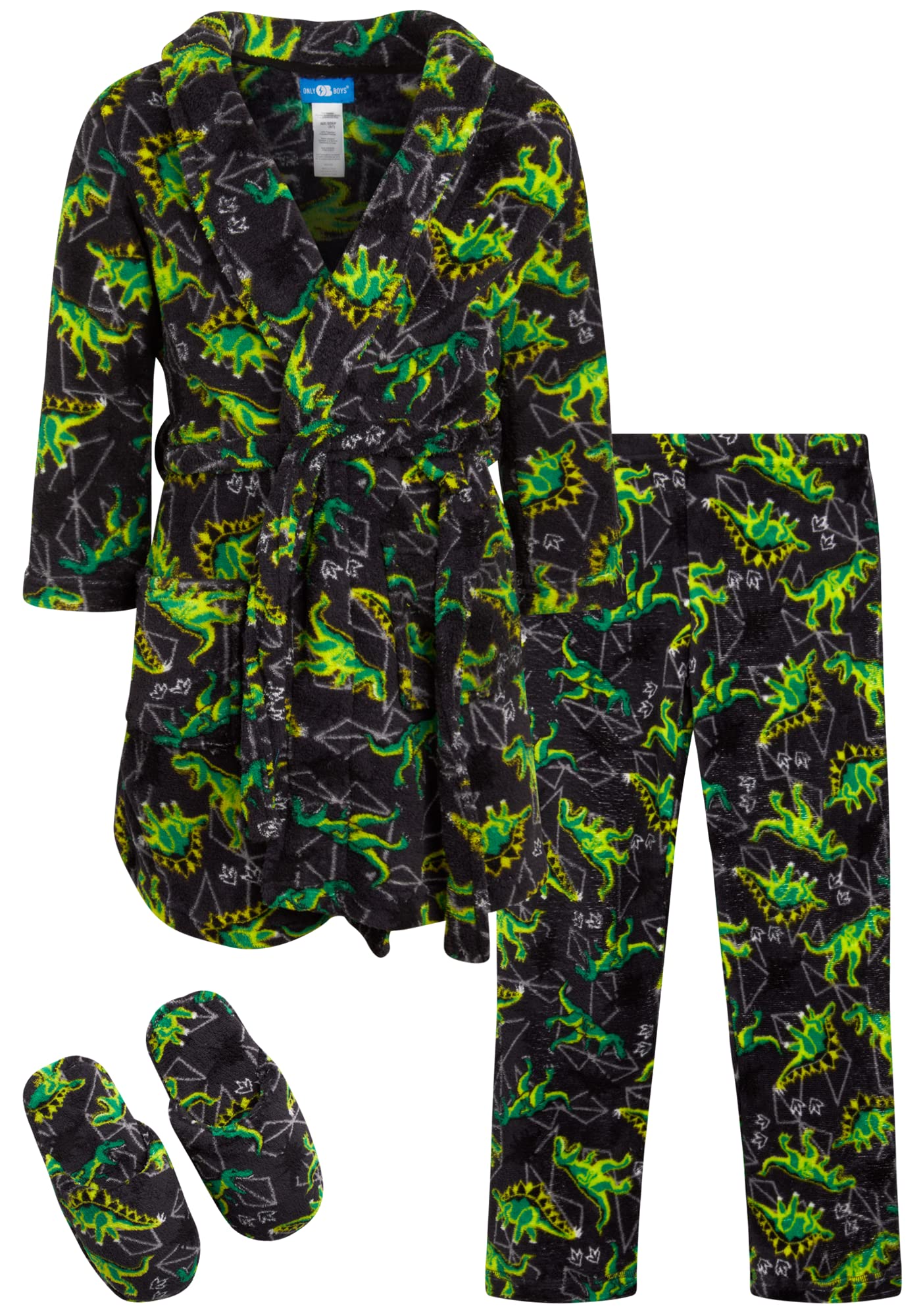 ONLY BOYS Bathrobe Set - 3 Piece Soft Fuzzy Boys Fleece Robe, Slippers and Matching Kids Pajama Pants