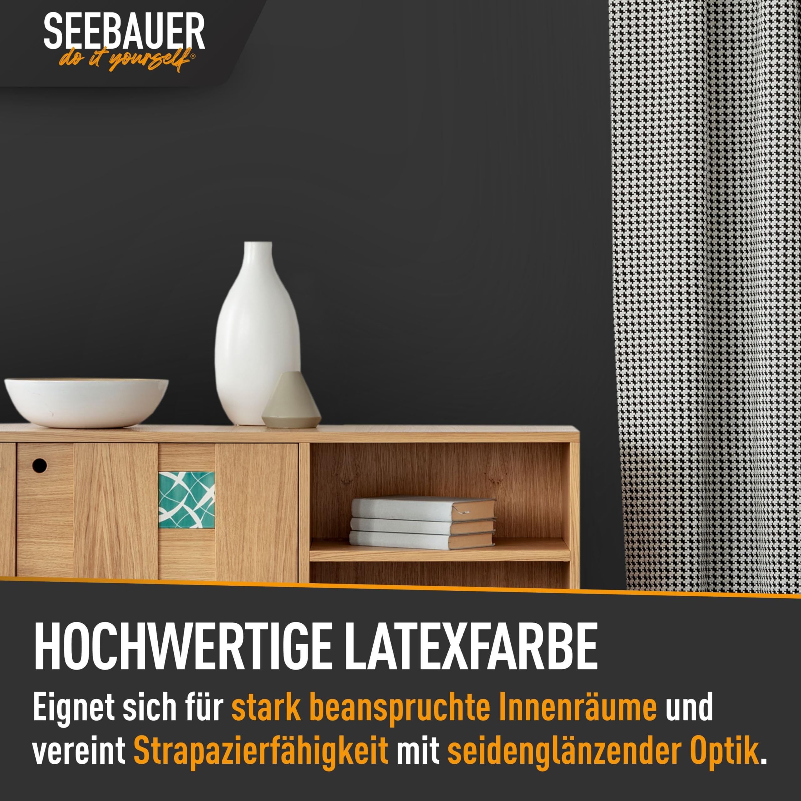 Latexfarbe Schwarz für Innen 5L (No. 100 Black Pearl) - Seidenmatte Innenfarbe für Putz, Beton & Mauerwerk - Abwaschbare Wandfarbe für Küche & Bad