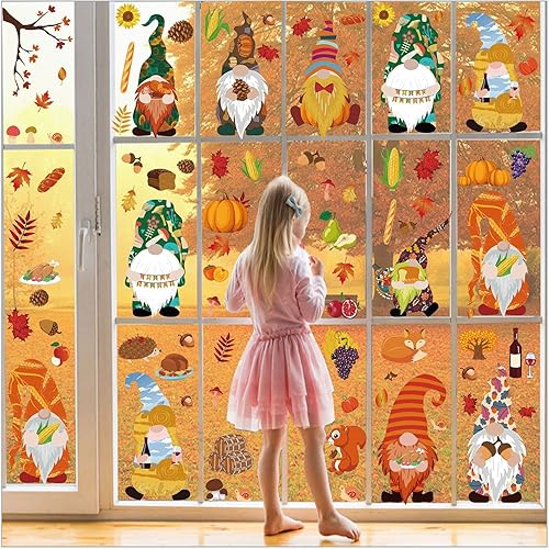 Miniatura 2 de Misutaaa Adhesivos de ventana de otoño para ventana de cristal, 9 hojas de gnomos de otoño, calcomanías para ventana, calcomanías decorativas para