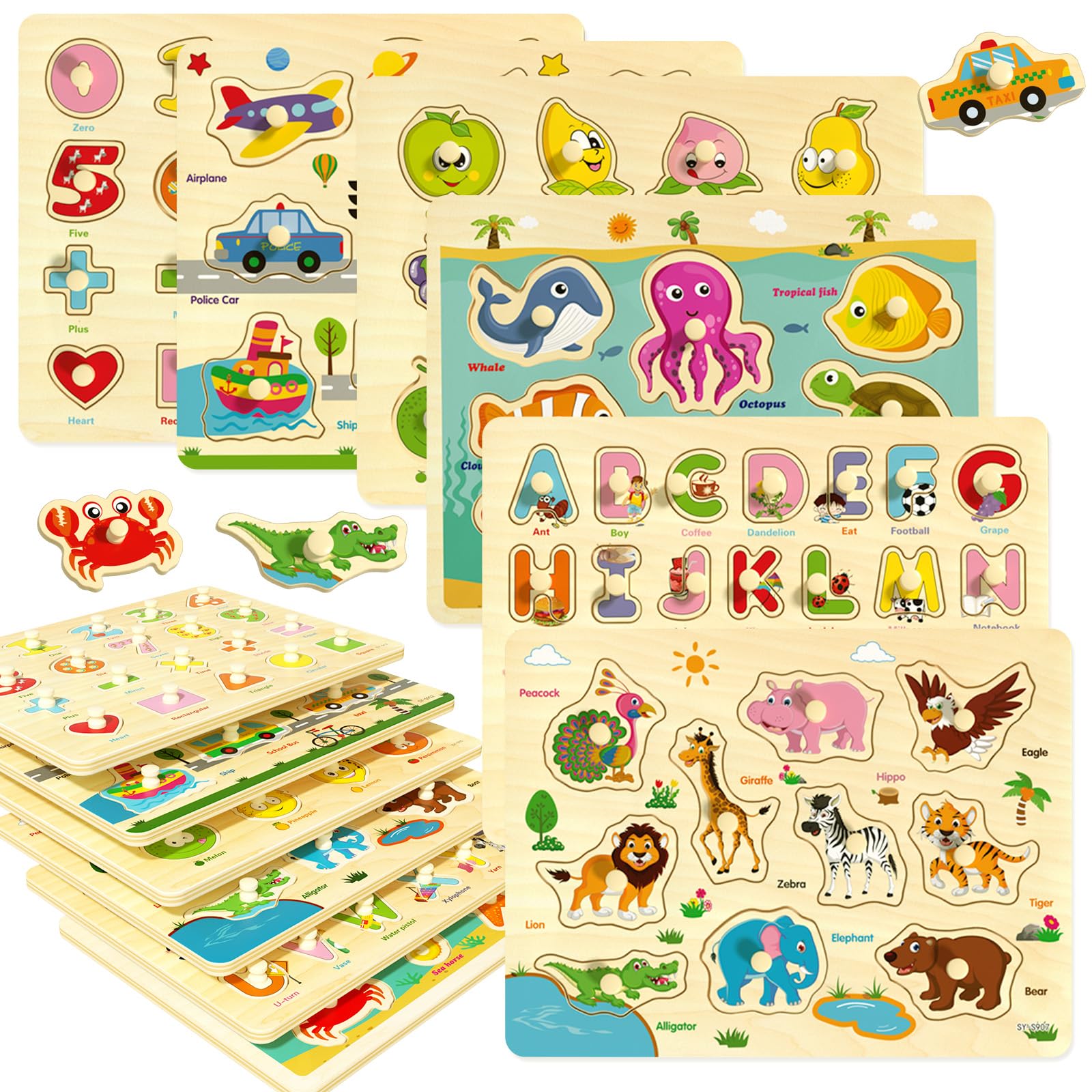 edutree Wooden Peg Puzzles for Toddlers 2-4, 6 Pack Learning Educational Montessori Toys, Puzzles Gift for Kids Girs Boys 1-3 with Alphabet Number Animal Shape