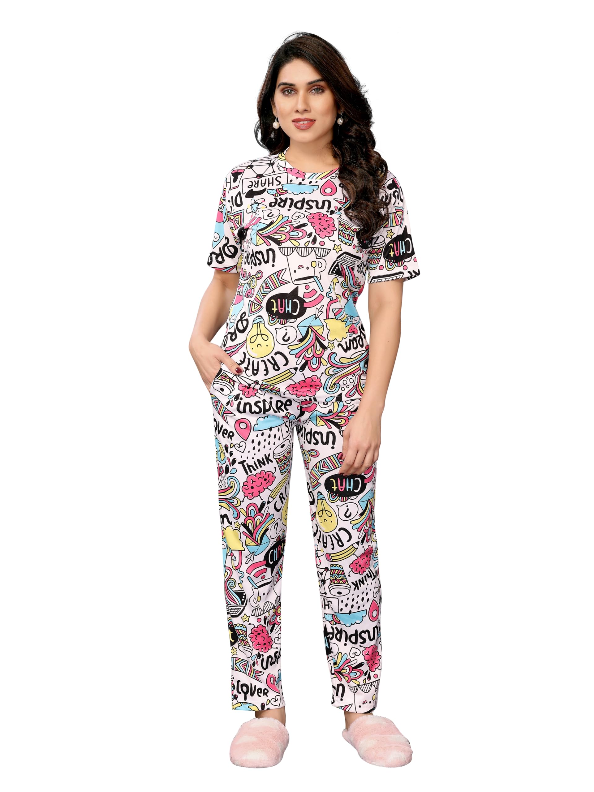 Women's Poly Cotton Printed Night Suit Set|Full Pair Of T-Shirt&Payjama Set |Co-Ord Set-image-35