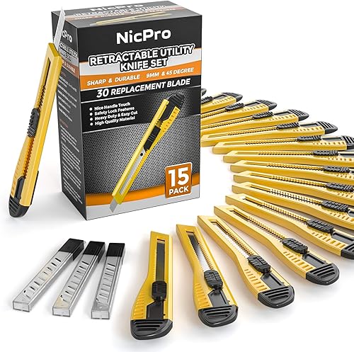 Miniatura 7 de Paquete de 15 cuchillos utilitarios, cortadores de cajas de plástico, cuchillo retráctil a granel con 30 cuchillas adicionales a presión de 0.709 in