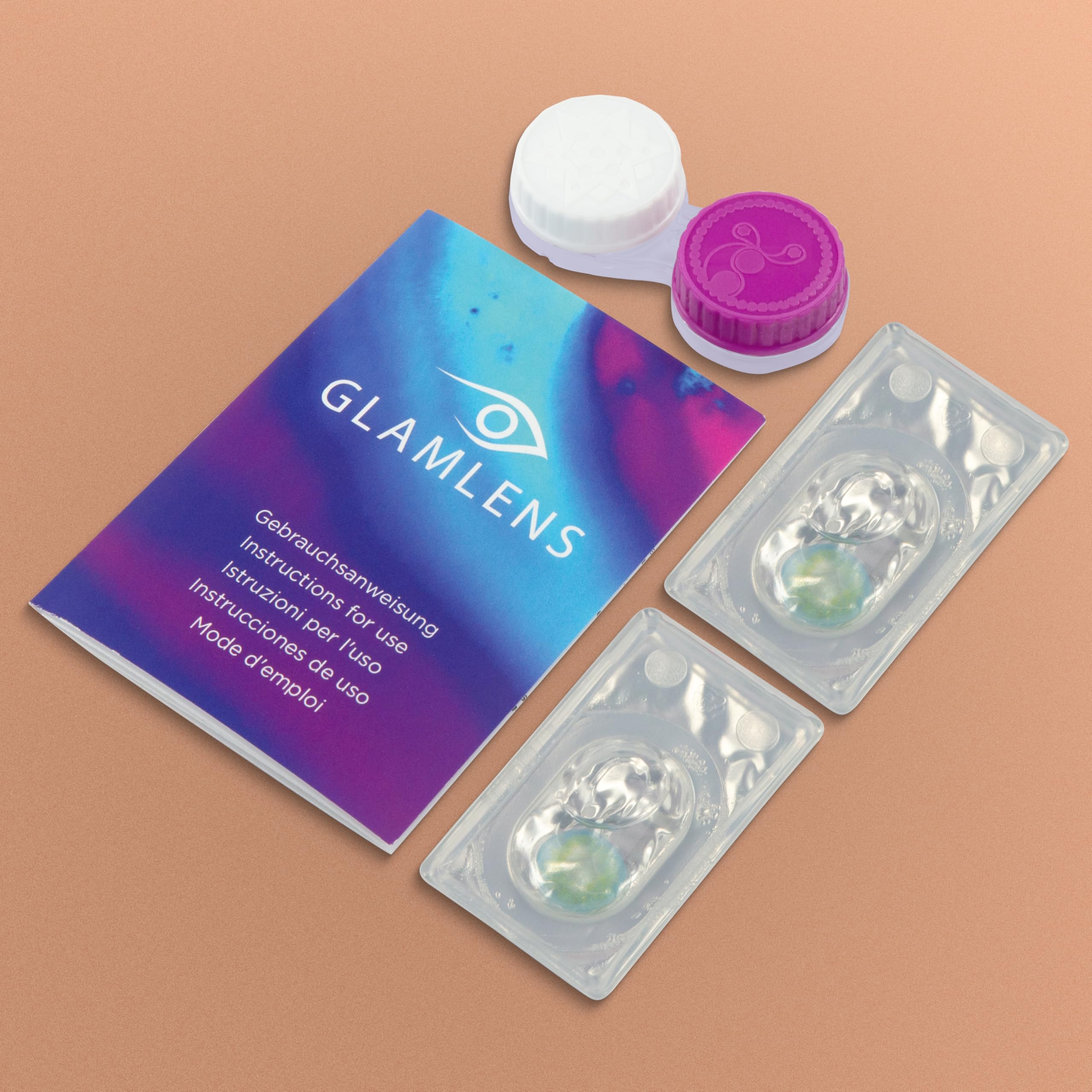 GLAMLENS lentillas de colores azules Jasmine Blue + contenedor. 1 par (2 piezas) - 90 Días - Sin Graduación - 0.00 dioptrías - blandos - Lentes de contacto azul de hidrogel de silicona