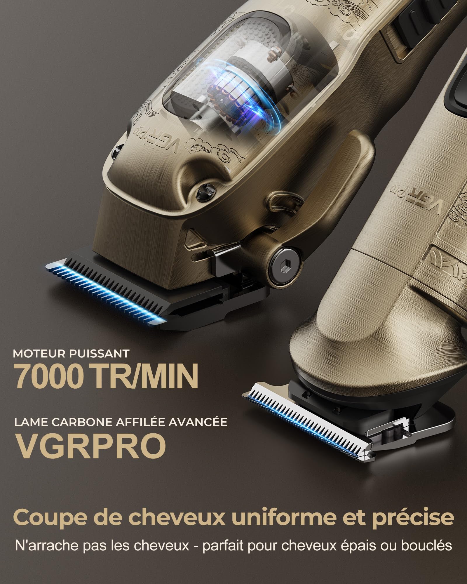 VGRPRO Tondeuse Cheveux Hommes Professionnelle, Tondeuse Cheveux Sans Fil pour Coupe de Cheveux, Kit Tondeuse et T-lames Trimmer Homme, Tondeuse Électrique pour Homme avec Boîte d'Emballage(Gloden)