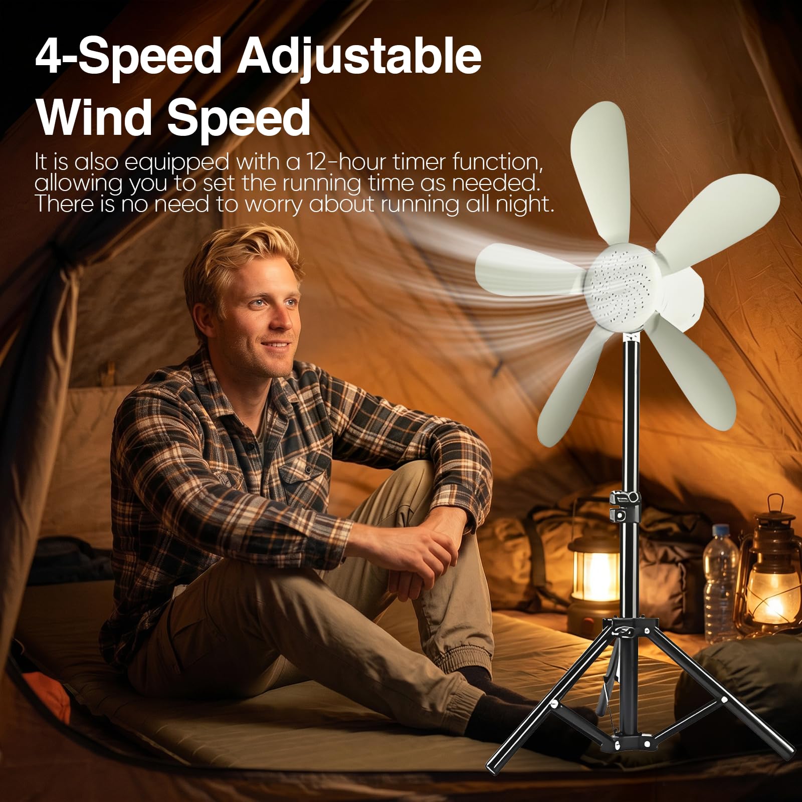 Deckenventilator Akku mit Beleuchtung Camping, 10800mAh Innen und Außen Camping Ventilator Akku mit Halterung Aufhänger, Mobiler Ventilator Akku für Outdoor Außenbereich, Pavillon Terrasse (white)