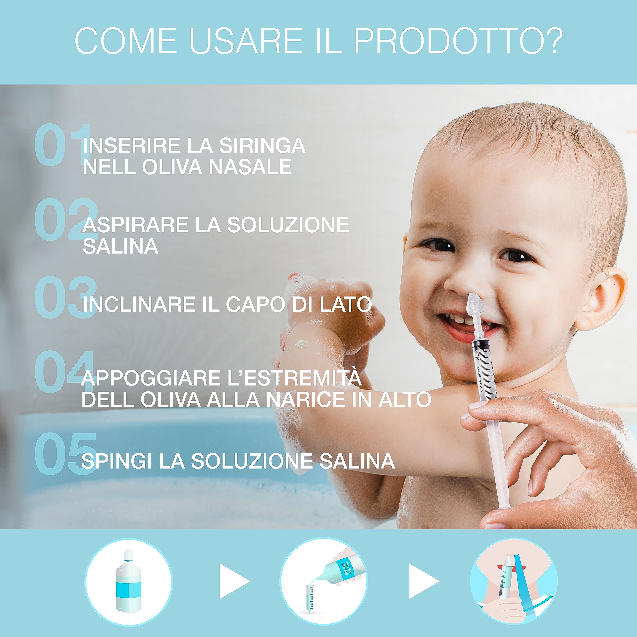 TRE PURI® 2 Siringa per Lavaggi Nasali Bambini e Neonato Made in Italy – Set Lavaggio Nasale Bambini e Adulti – Kit Professionale Siringhe e Olive per Soluzione Fisiologica – Tappini e E-book OMAGGIO