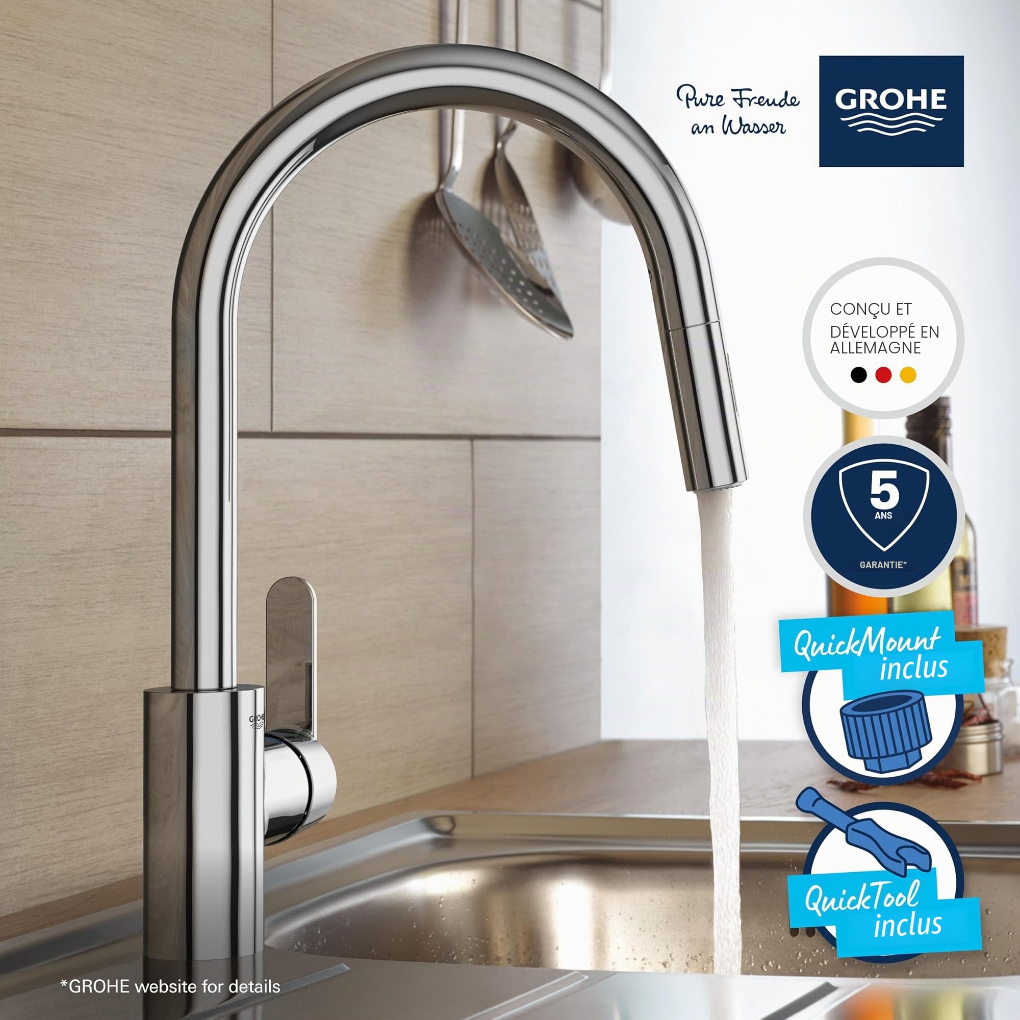 GROHE Robinet de cuisine évier Get, Robinet avec douchette extractible, Bec en forme de U, Inverseur 2 jets, Installation et nettoyage facile, Supersteel, 31484001 (Import Allemagne)
