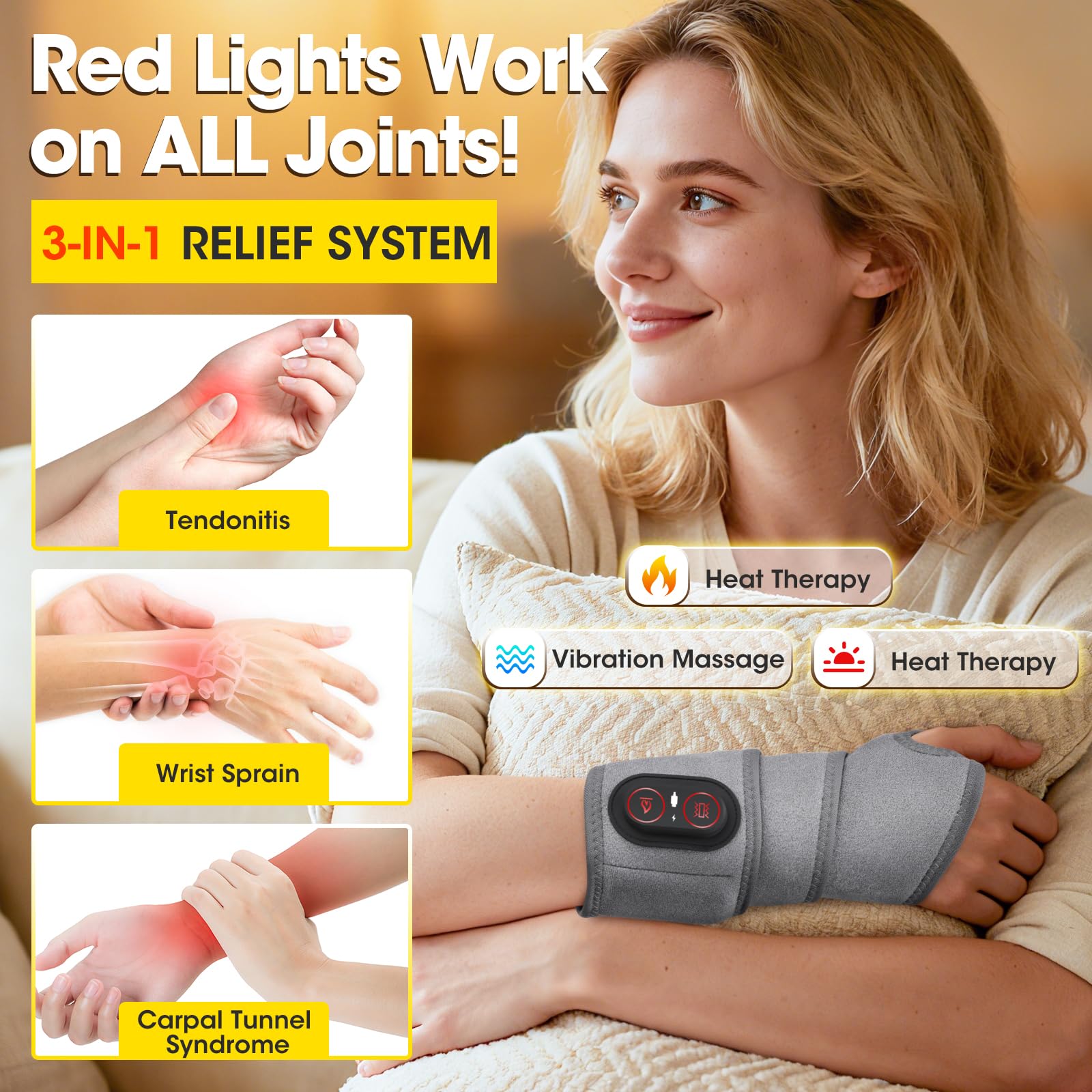 Almohadilla calefactora inalámbrica para muñeca, brace calentada con vibraciones, 3 modos de calor y vibración, luz roja calentada masajeador de brazos, almohadilla de calefacción para muñeca, mano