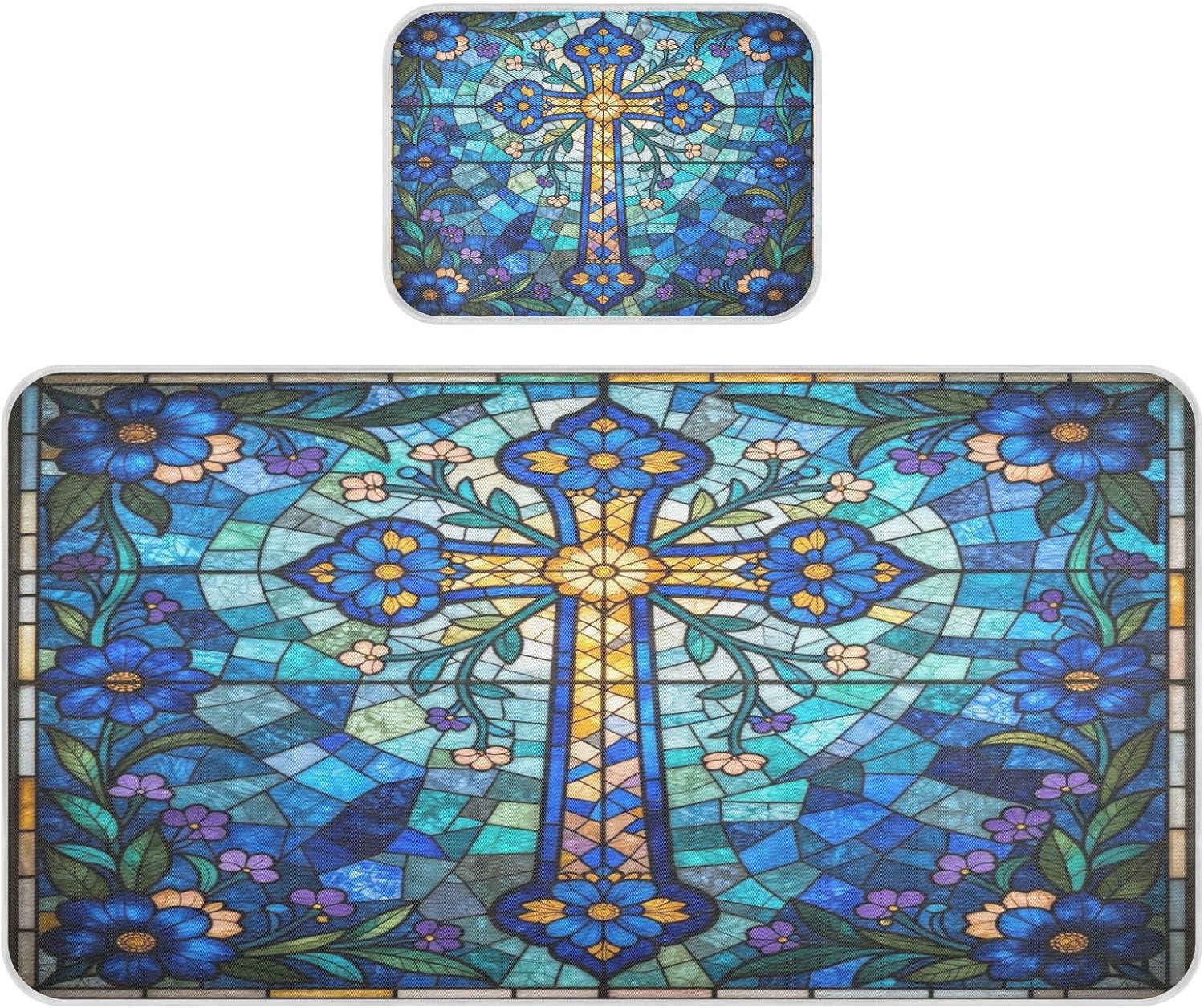 Cooling Baby Mattress Cover 28" x 52" Reusable Stained Glass Cross Christian Faith Blue Crib Padding for Sides for Baby&Toddler