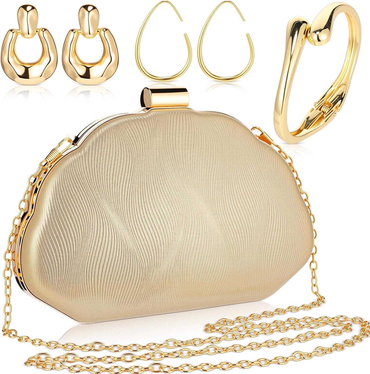 Sadnyy 4 Pcs Gold Clutch Purse Jewelry Set for Women Evening Bracelet Earring Prom Shell Bags Gold Accessories for Wedding