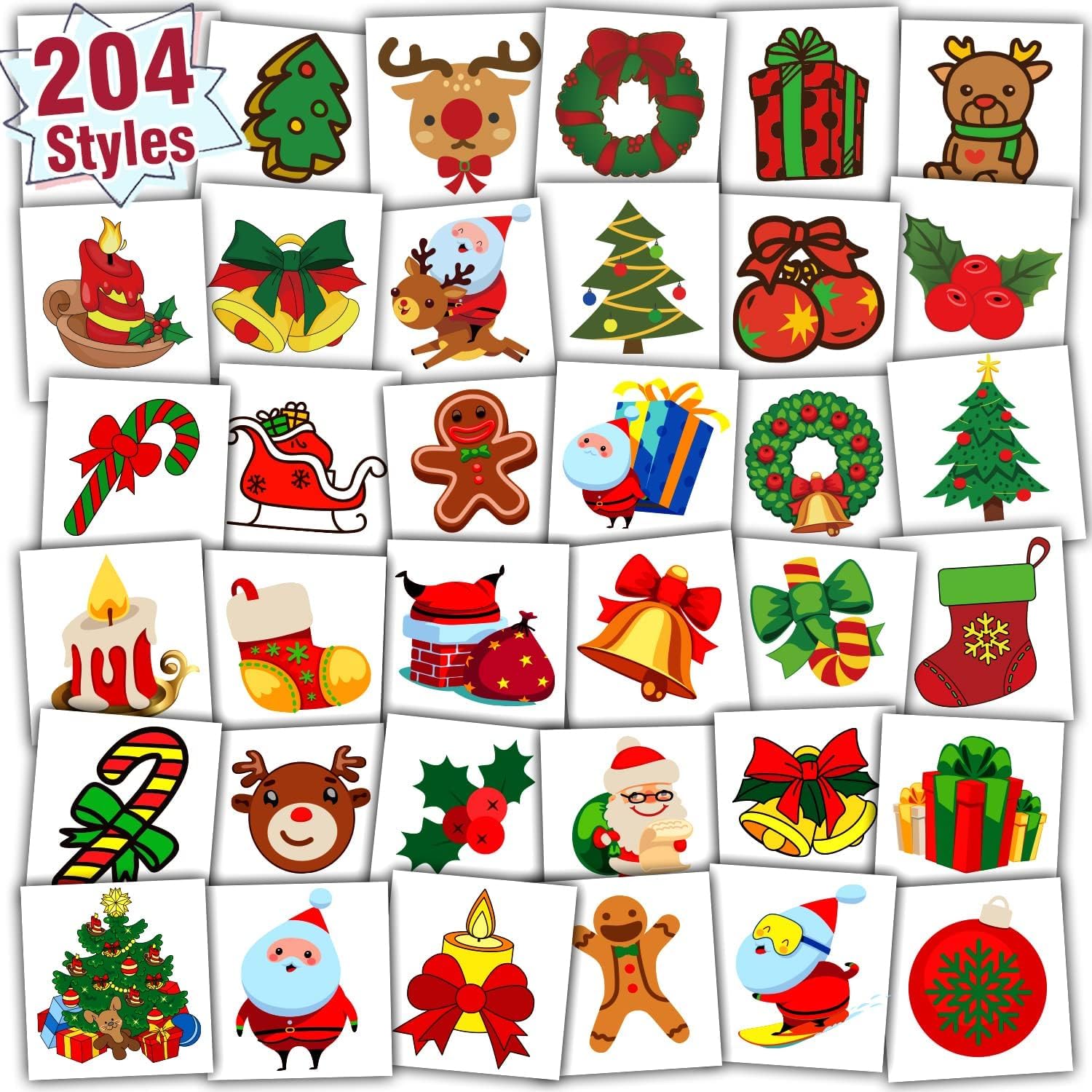 Partywind Christmas Holiday Party Supplies, 204 Styles Christmas Kids Tattoos for Stocking Stuffers, Party Favors Decorations with Santa/Snowflakes/