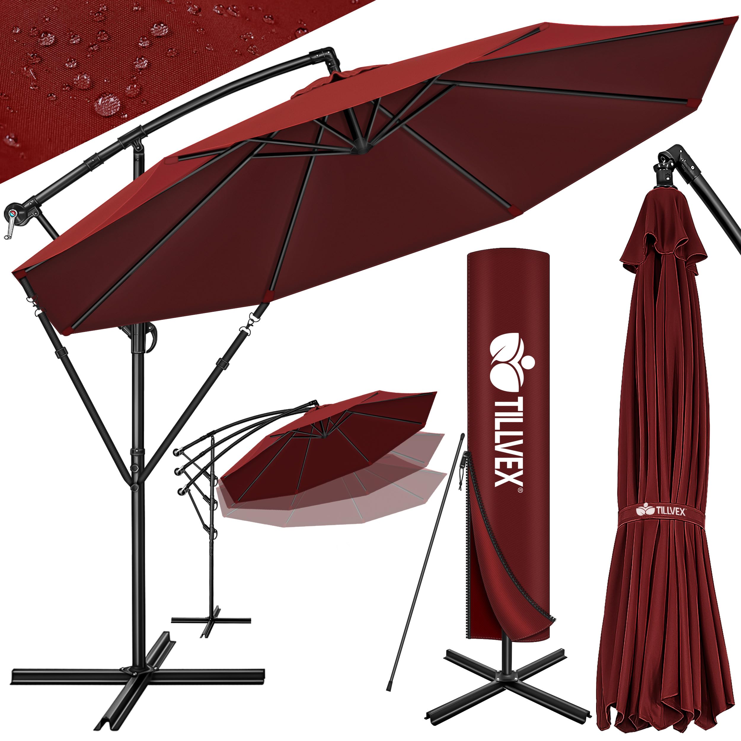 tillvex Alu Sonnenschirm + Abdeckung Ø 300 cm mit Kurbel | Ampelschirm mit Ständer & Windschutz | Gartenschirm UV-Schutz Aluminium | Kurbelschirm wasserdicht 360° drehbar