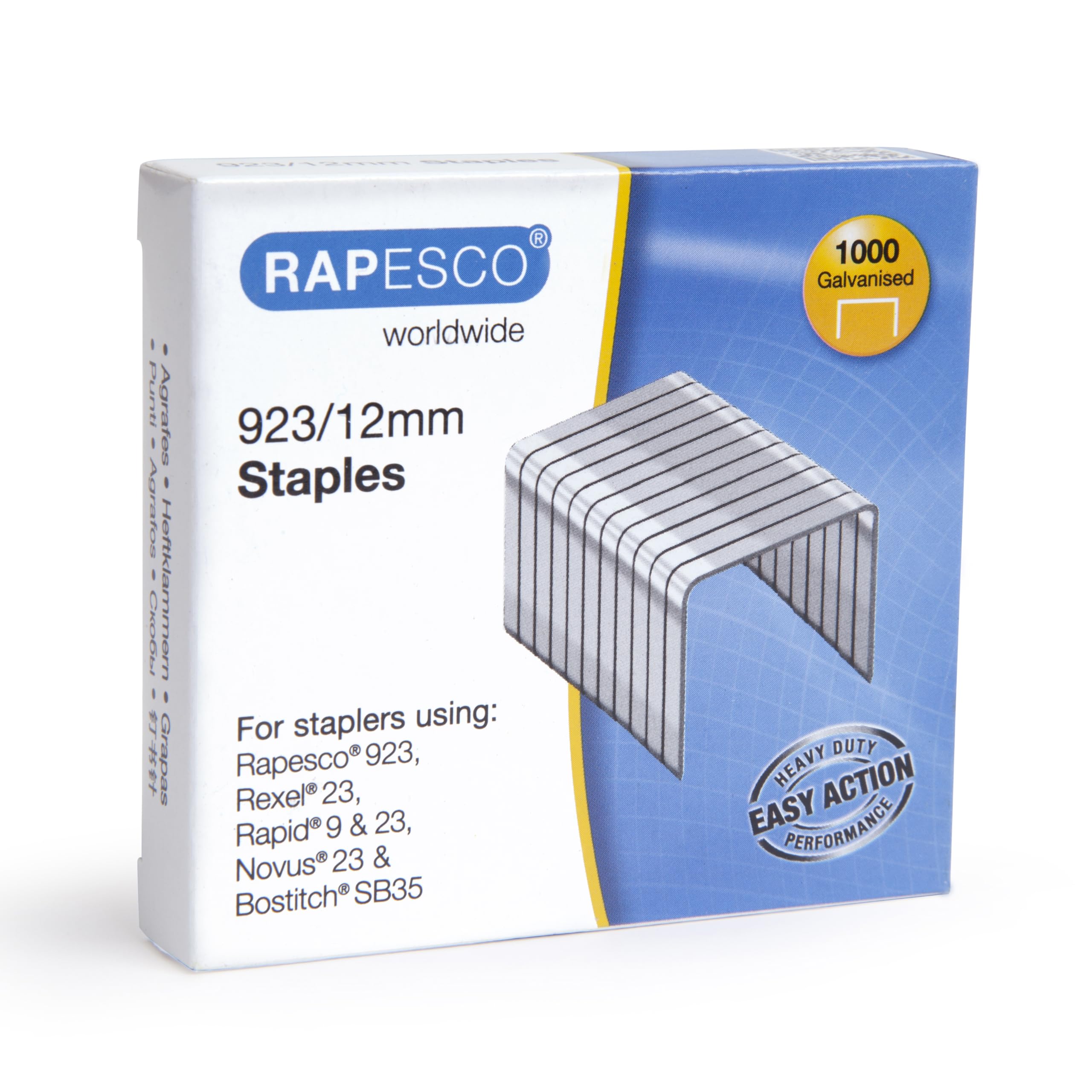 Rapesco 1238 Type 923/12 mm Galvanised Heavy Duty Staples, Pack of 1000