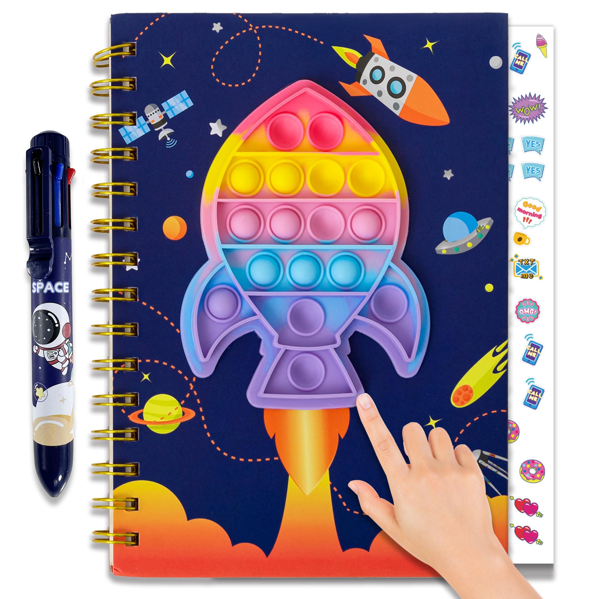 Pop Notebook for Kids, Bubble Fidget Notebook Rocket Girls Spiral Notebook Boys Diary Journal 8.1x5.7 Inches with 8 Multicolor Pen and Stickers for