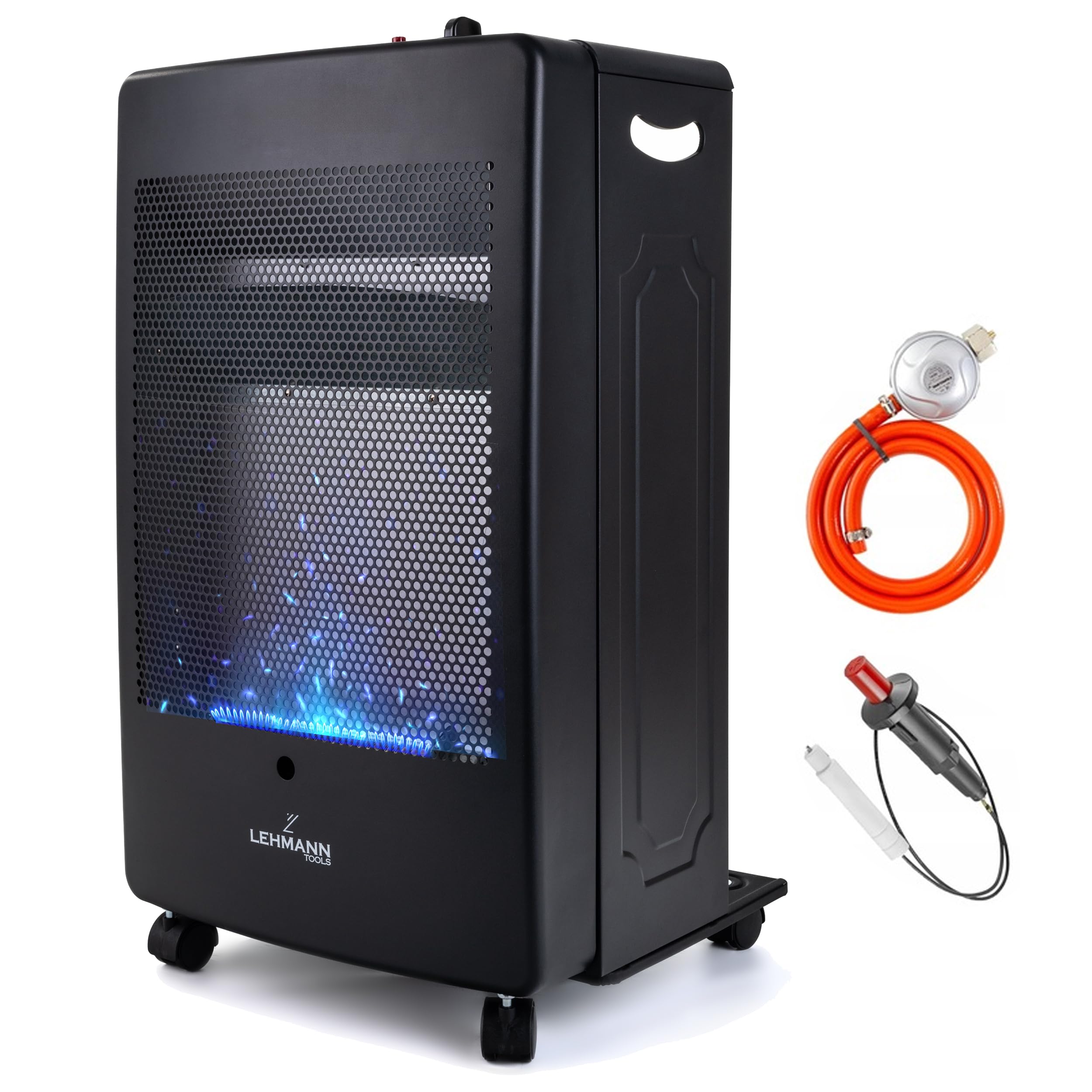 LEHMANN Poêle à gaz 3,8 kW avec 2 niveaux de chauffage, flamme bleue, allumage piézoélectrique, arrêt de sécurité, roues, chauffage pour pièces jusqu'à 80 m², GPL/Propane/Butane